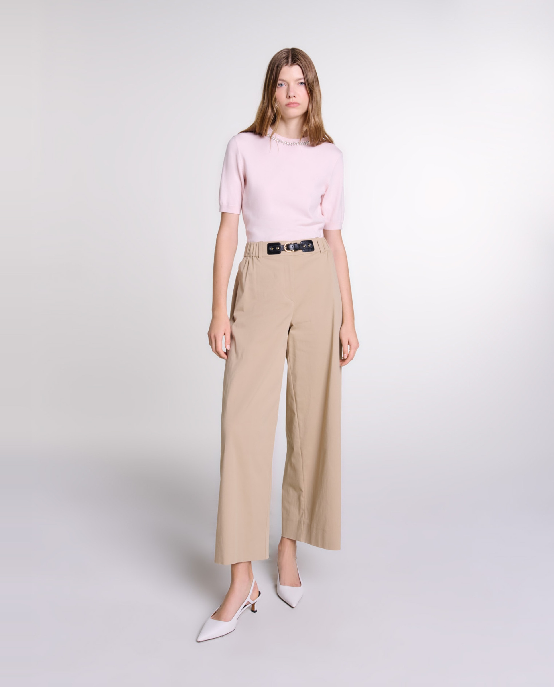 Maje - Pantalón ancho de mujer con cintura elástica y hebilla ajustable.