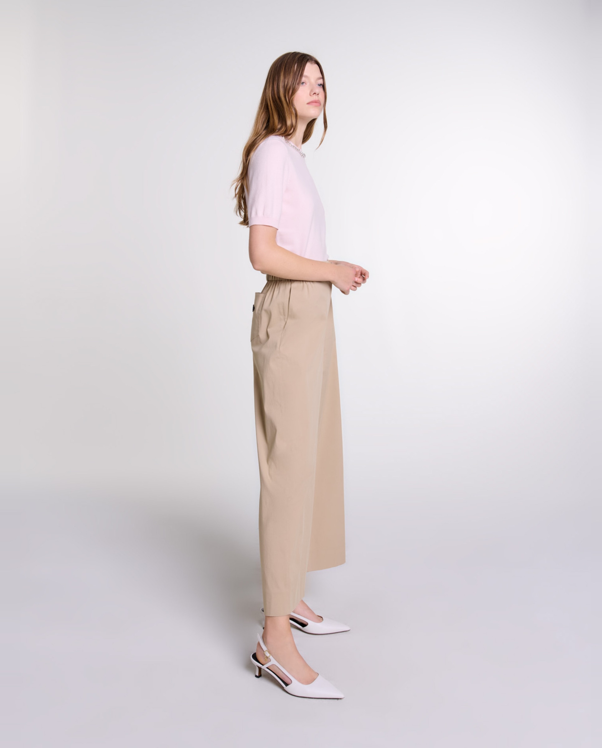 Pantalón ancho de mujer con cintura elástica y hebilla ajustable - Maje - Beige Beige-2