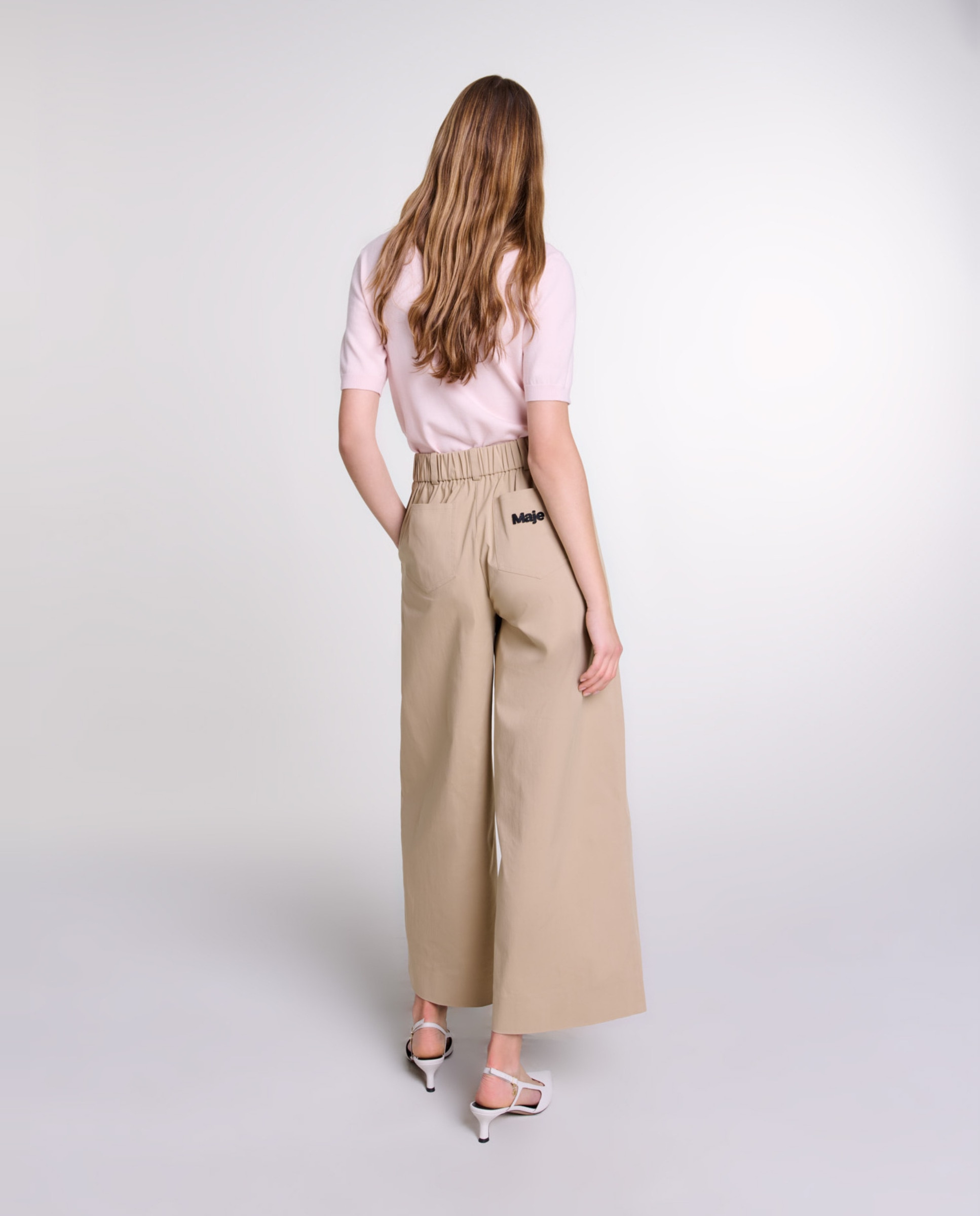 Pantalón ancho de mujer con cintura elástica y hebilla ajustable - Maje - Beige Beige-3