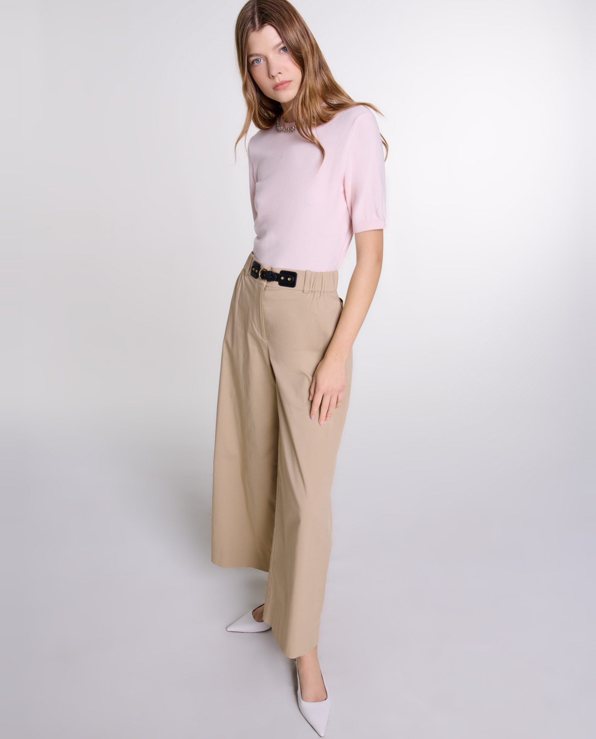 Pantalón ancho de mujer con cintura elástica y hebilla ajustable - Maje - Beige Beige-4