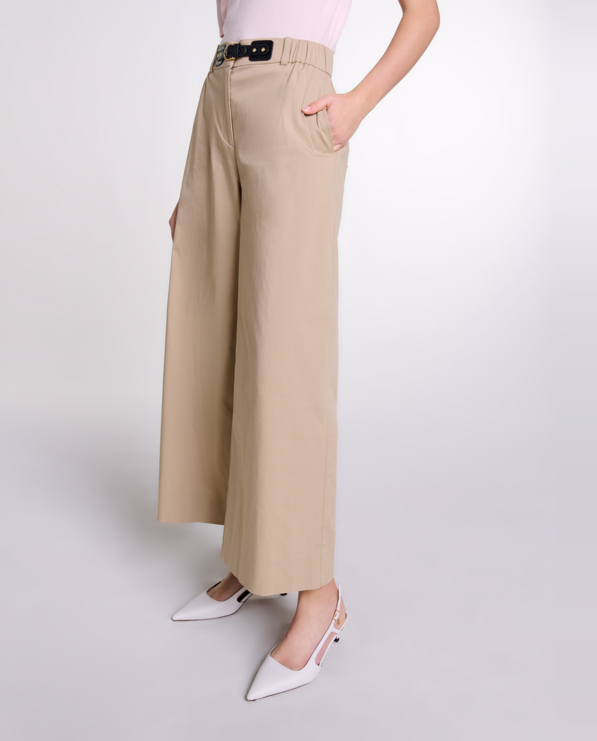 Pantalón ancho de mujer con cintura elástica y hebilla ajustable - Maje - Beige Beige-5