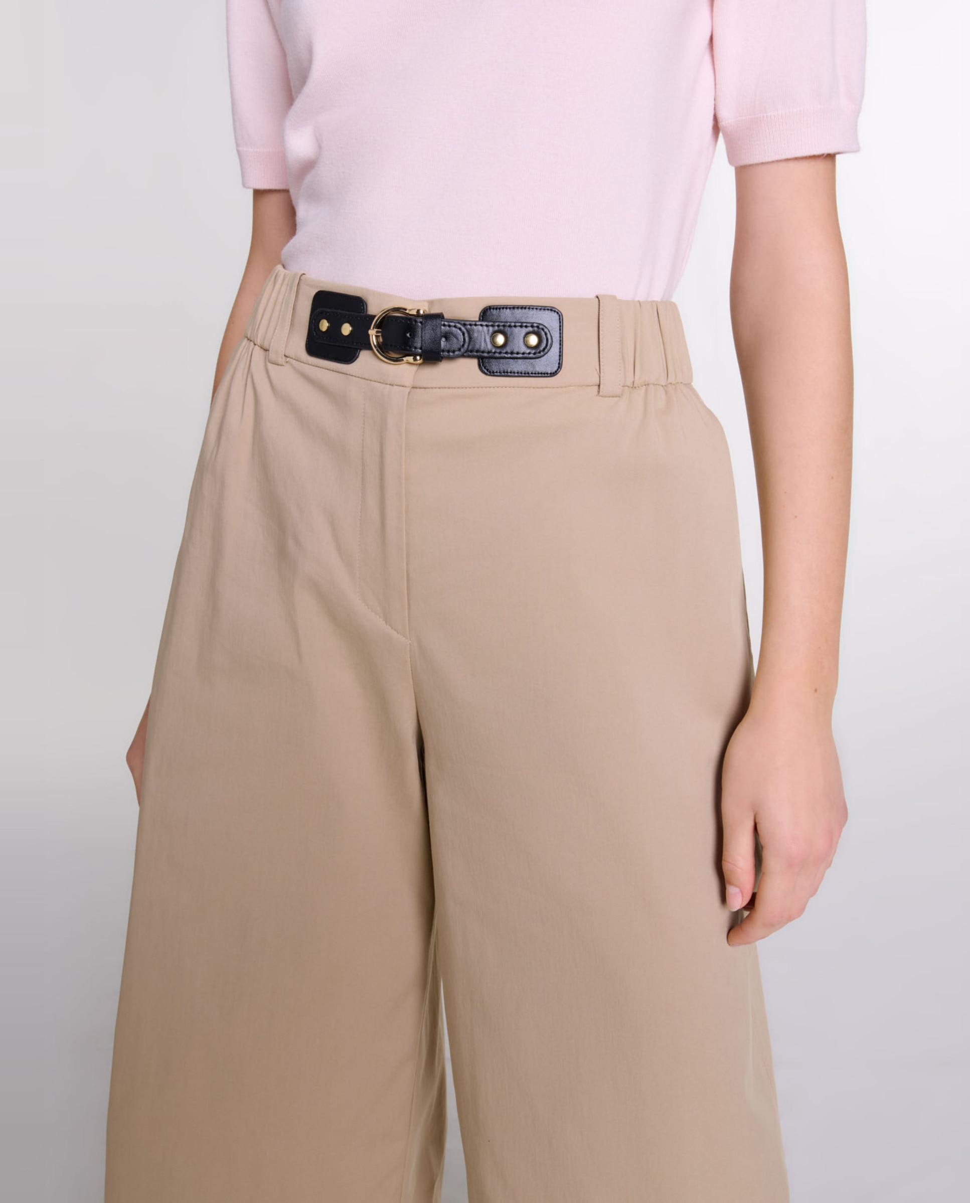 Pantalón ancho de mujer con cintura elástica y hebilla ajustable - Maje - Beige Beige-6