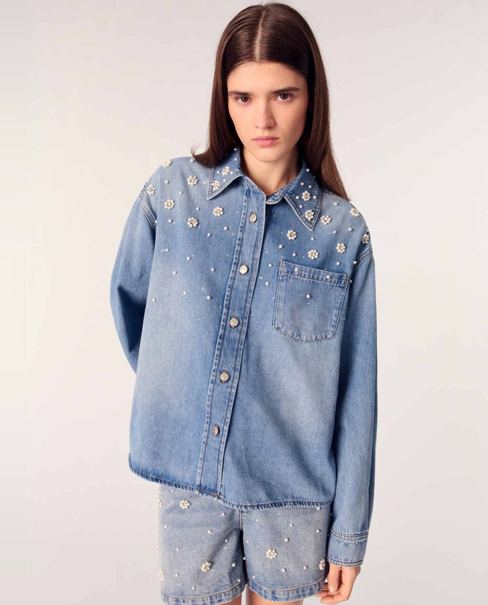 Denim Camisa Con Perlas Mujer Set Camisa Y Jean Denim Con Perlas