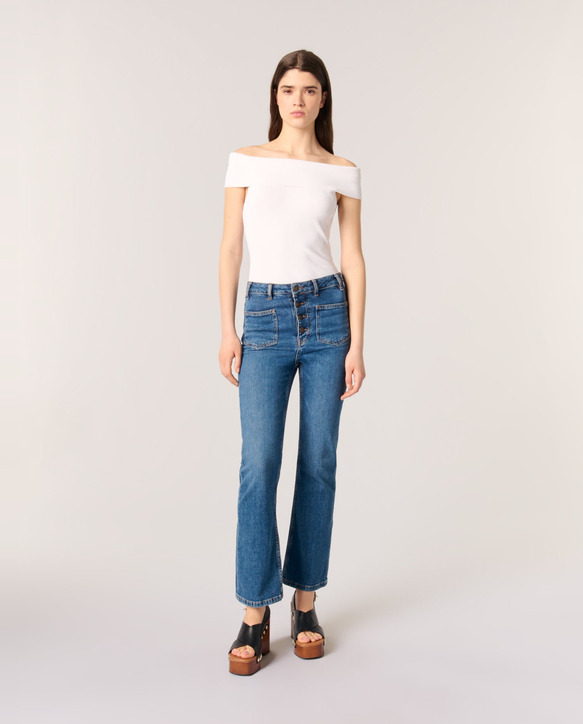 Top de mujer de punto canalé y cuello Bardot - Maje - Blanco Blanco-4