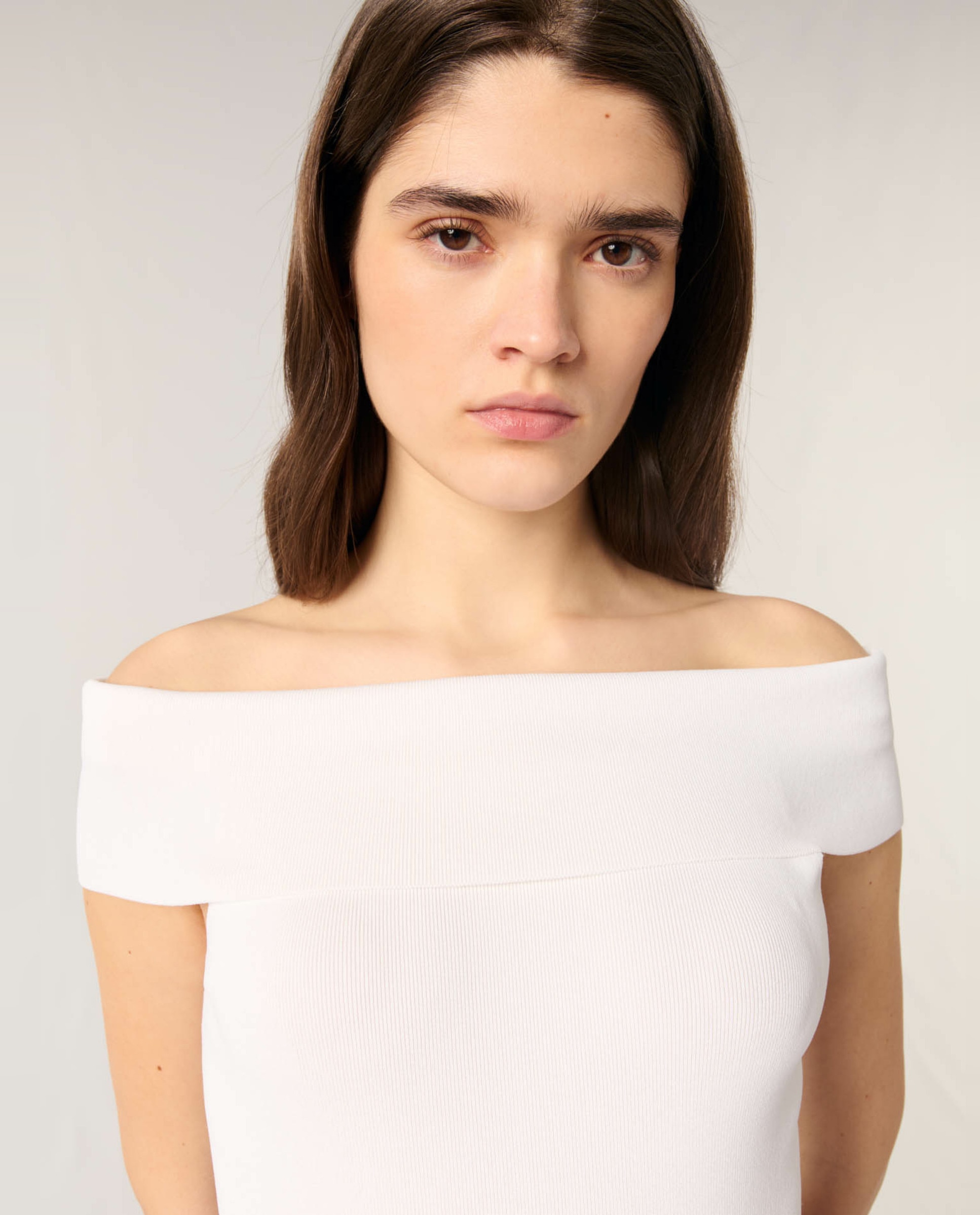 Top de mujer de punto canalé y cuello Bardot - Maje - Blanco Blanco-5