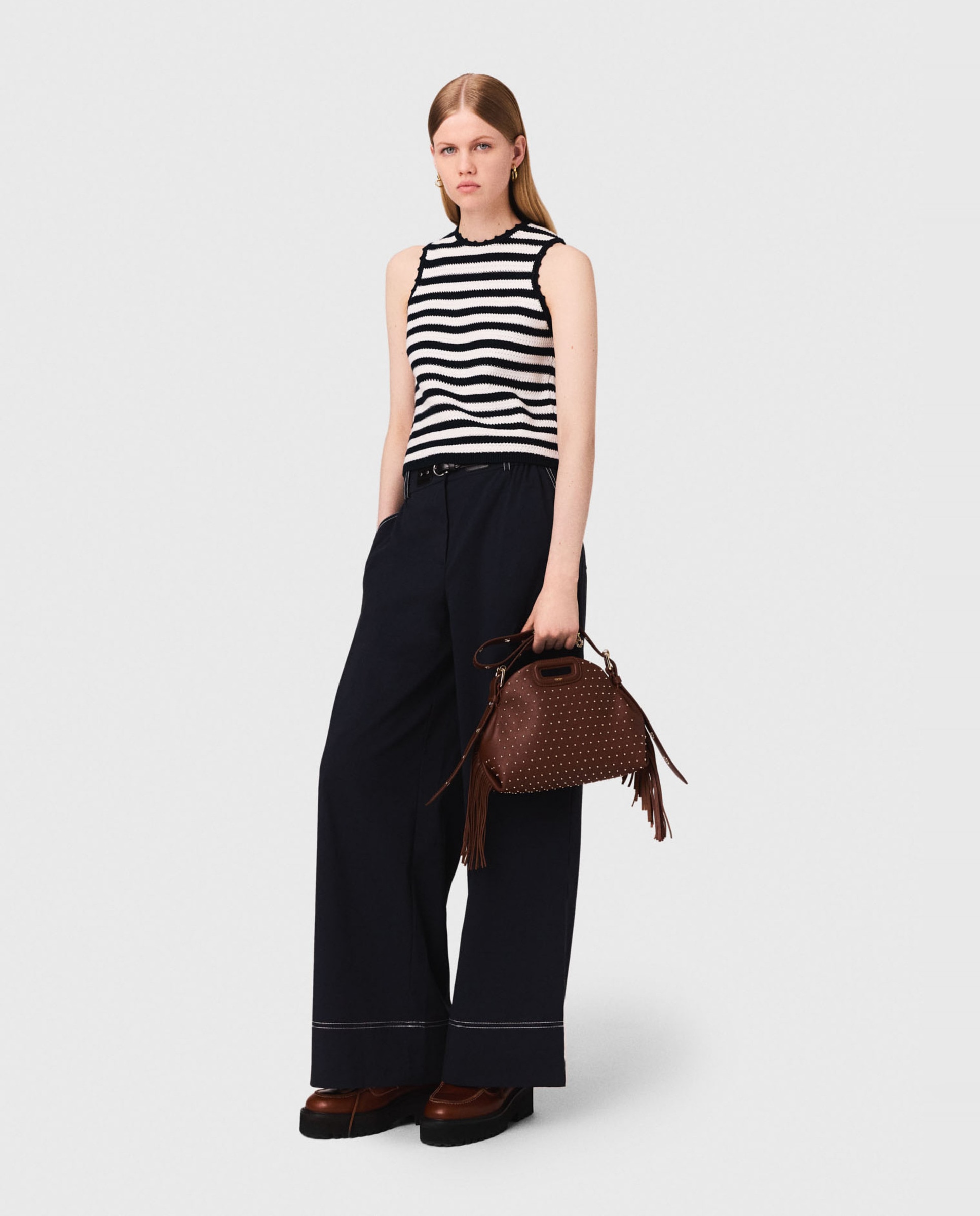 Maje - Pantalón de mujer algodón con cinturón cuero.