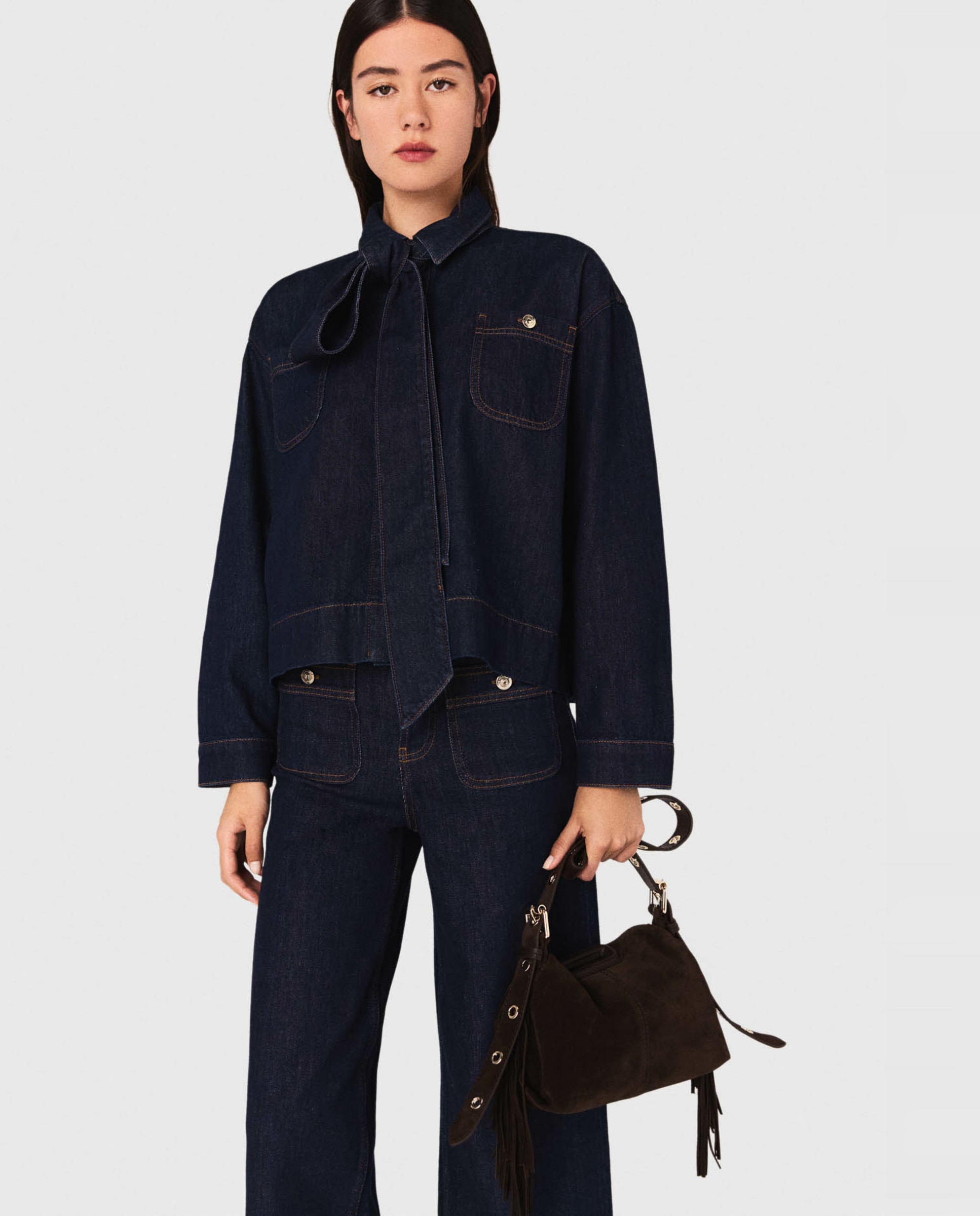 Camisa de mujer vaquera con lavallière - Maje - Azul oscuro Azul oscuro-1
