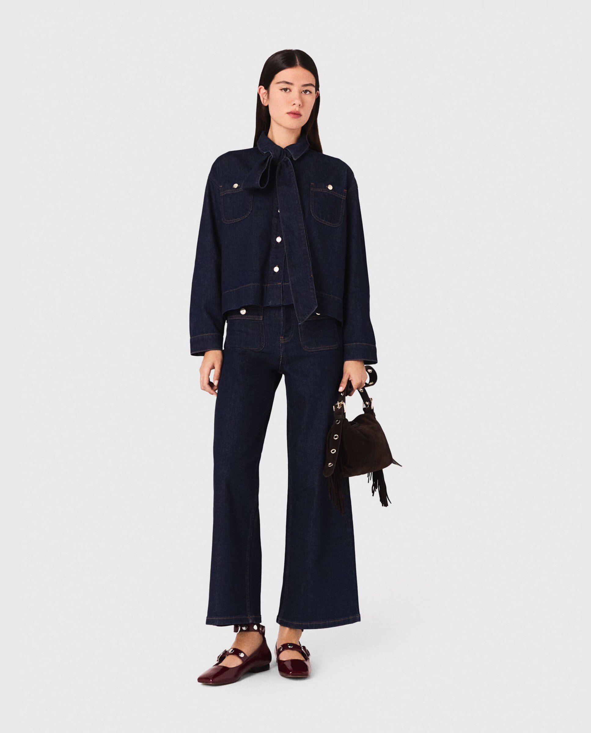 Camisa de mujer vaquera con lavallière - Maje - Azul oscuro Azul oscuro-4