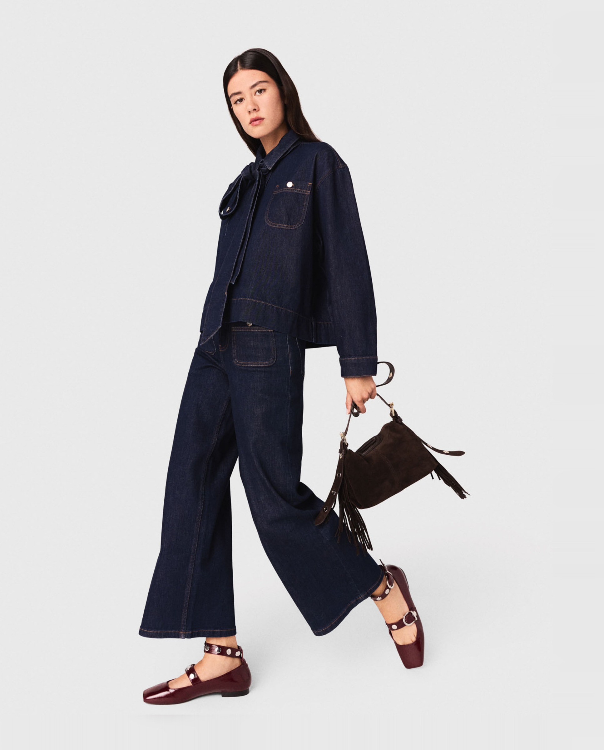 Camisa de mujer vaquera con lavallière - Maje - Azul oscuro Azul oscuro-5