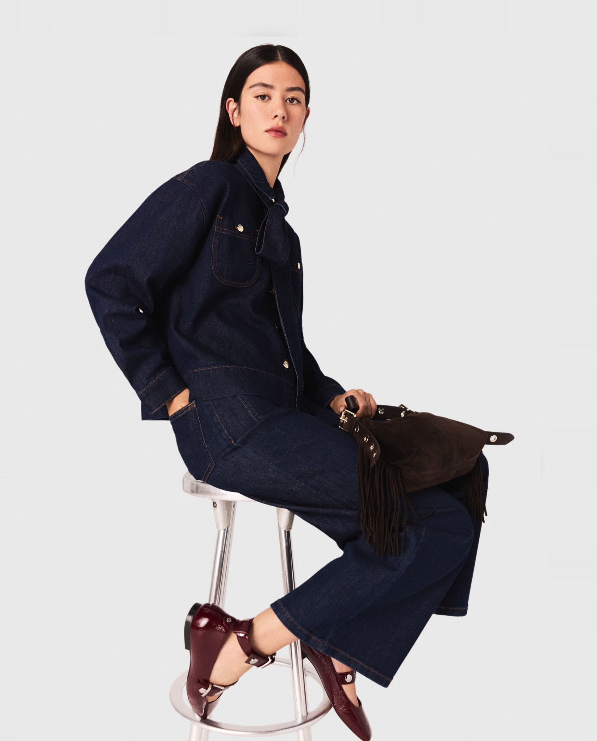 Camisa de mujer vaquera con lavallière - Maje - Azul oscuro Azul oscuro-6