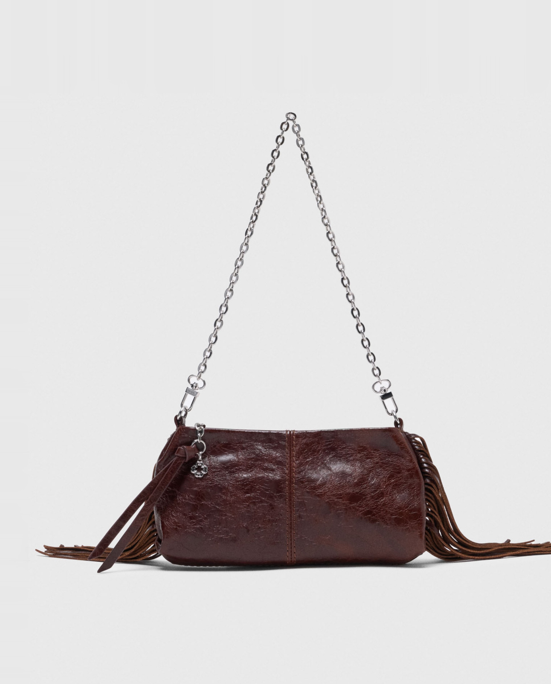 Bolso de hombro mini de piel barnizada con cierre cremallera multiposición y flecos - Maje - Marrón oscuro Marrón oscuro-1