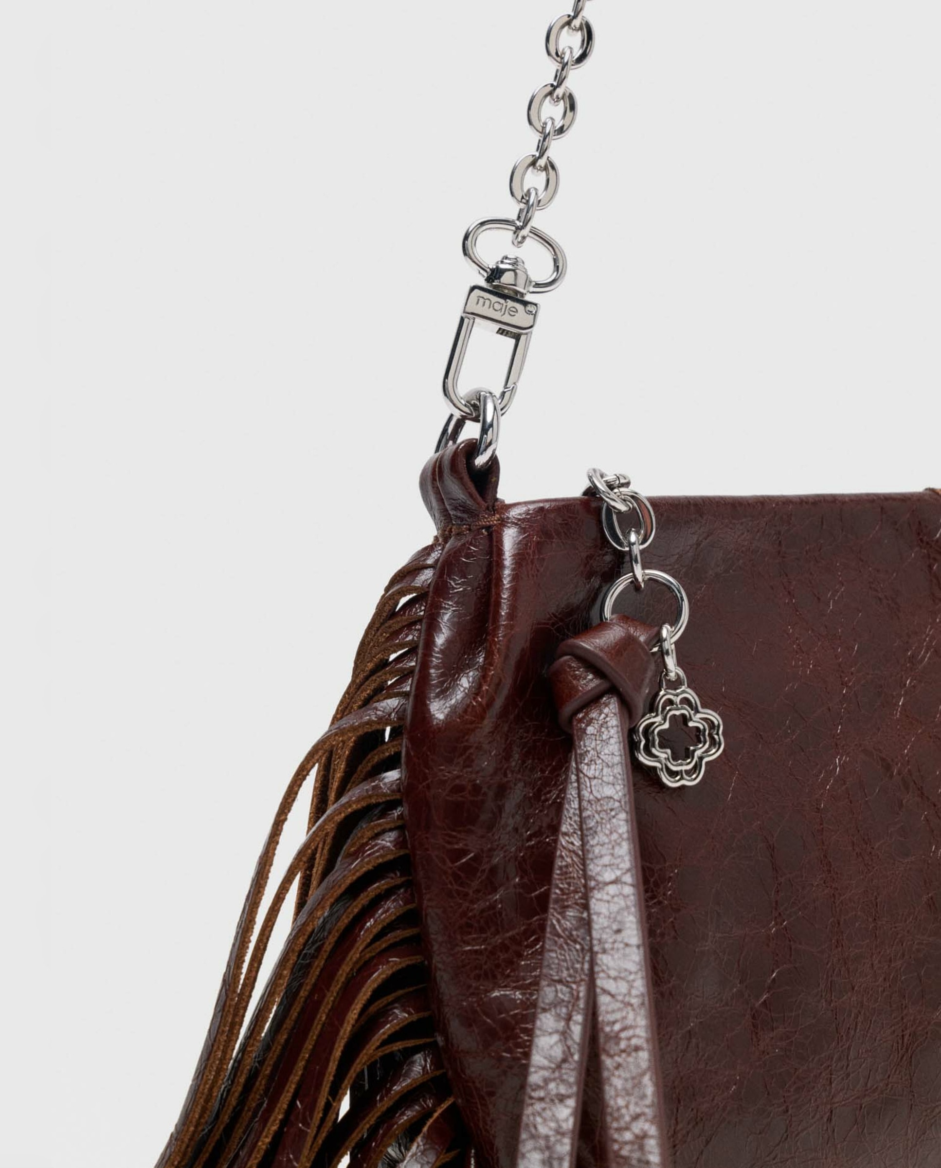 Bolso de hombro mini de piel barnizada con cierre cremallera multiposición y flecos - Maje - Marrón oscuro Marrón oscuro-2