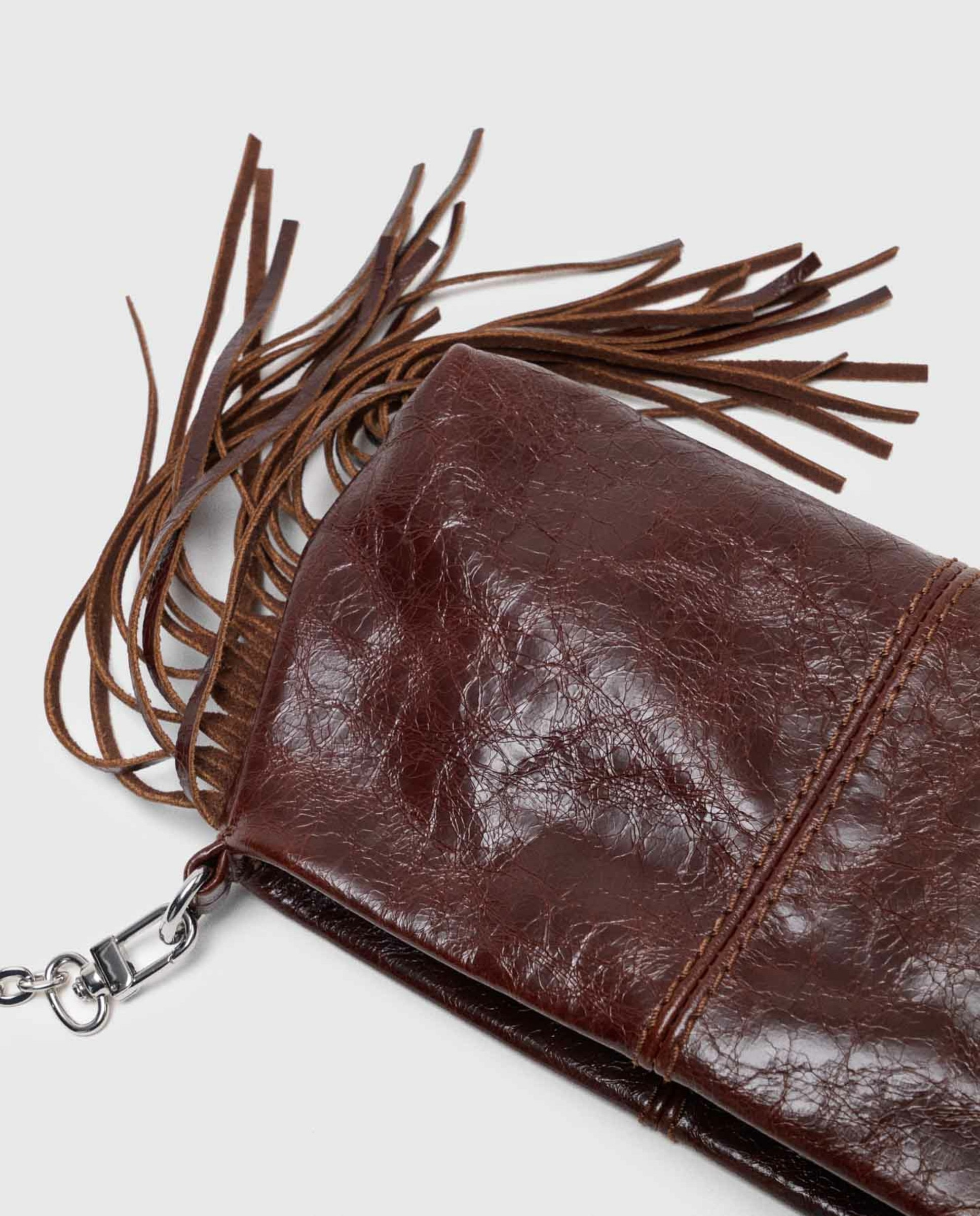 Bolso de hombro mini de piel barnizada con cierre cremallera multiposición y flecos - Maje - Marrón oscuro Marrón oscuro-6