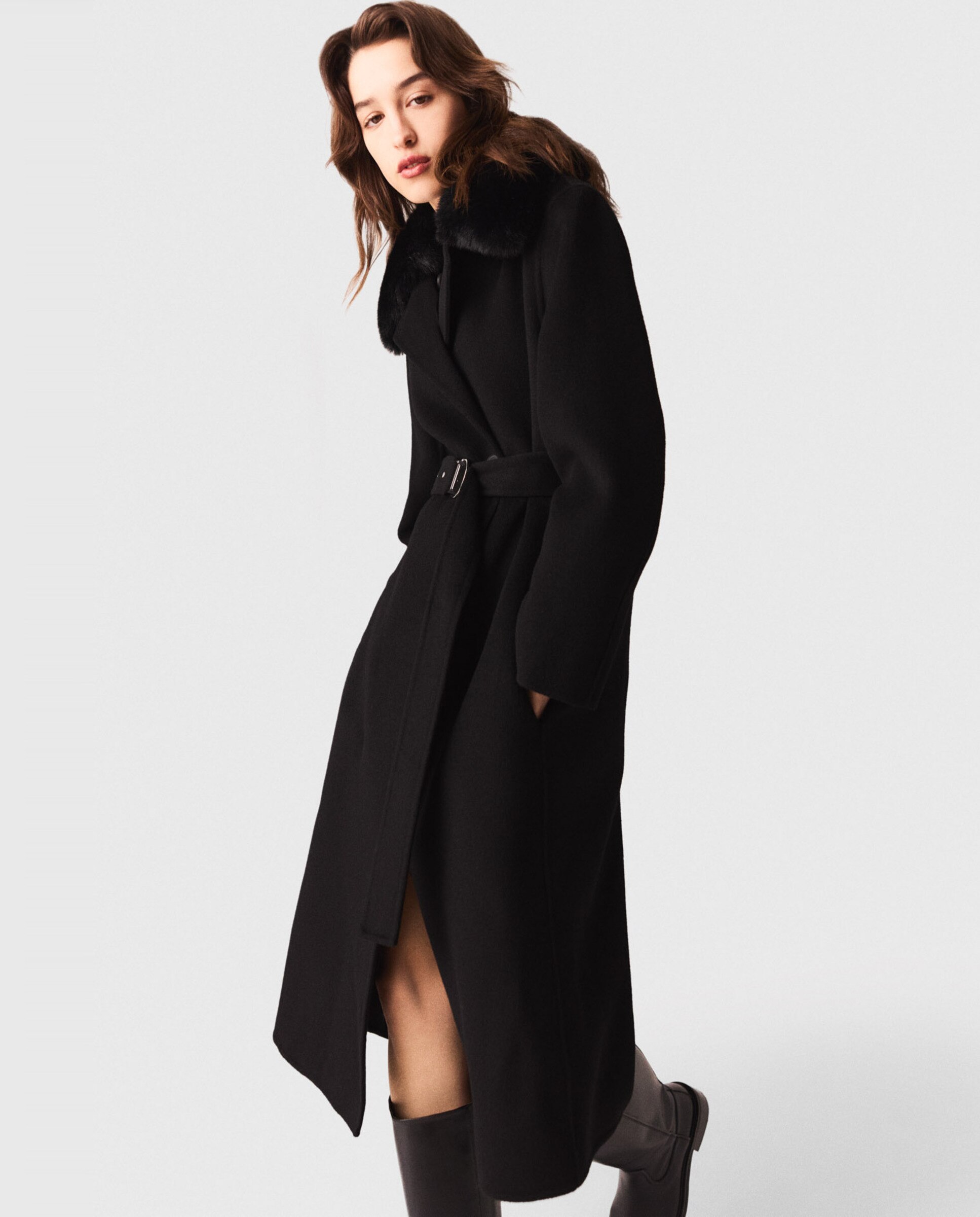 Abrigo de mujer doble faz con cuello desmontable - Maje - Negro Negro-3