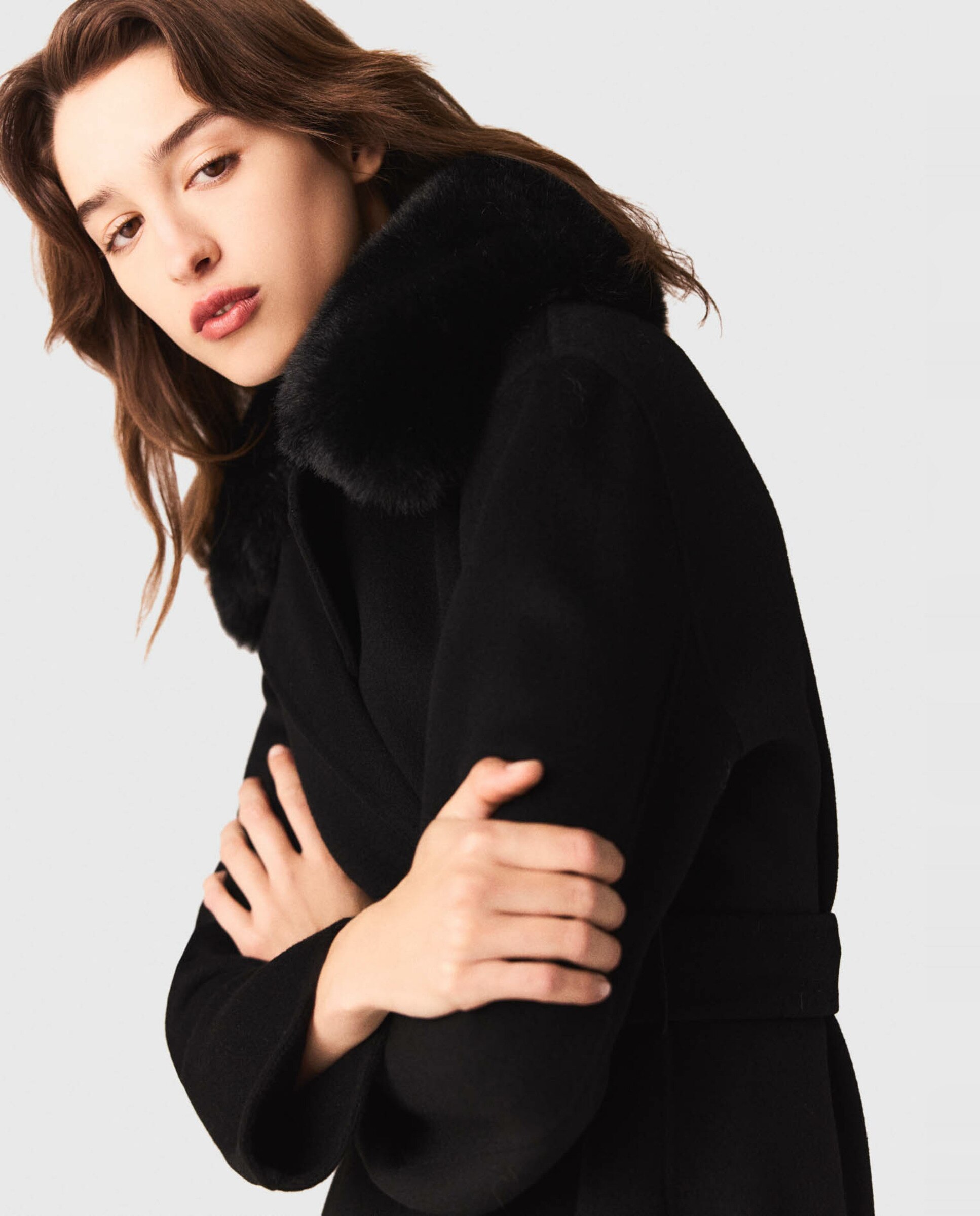 Abrigo de mujer doble faz con cuello desmontable - Maje - Negro Negro-5