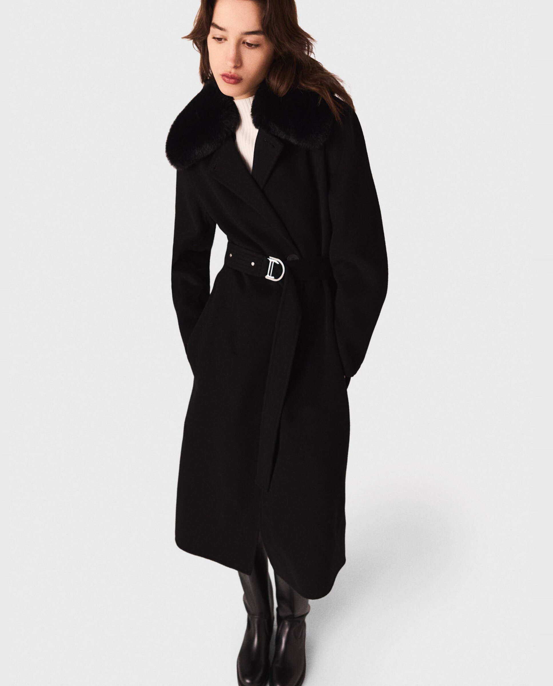 Abrigo de mujer doble faz con cuello desmontable - Maje - Negro Negro-7