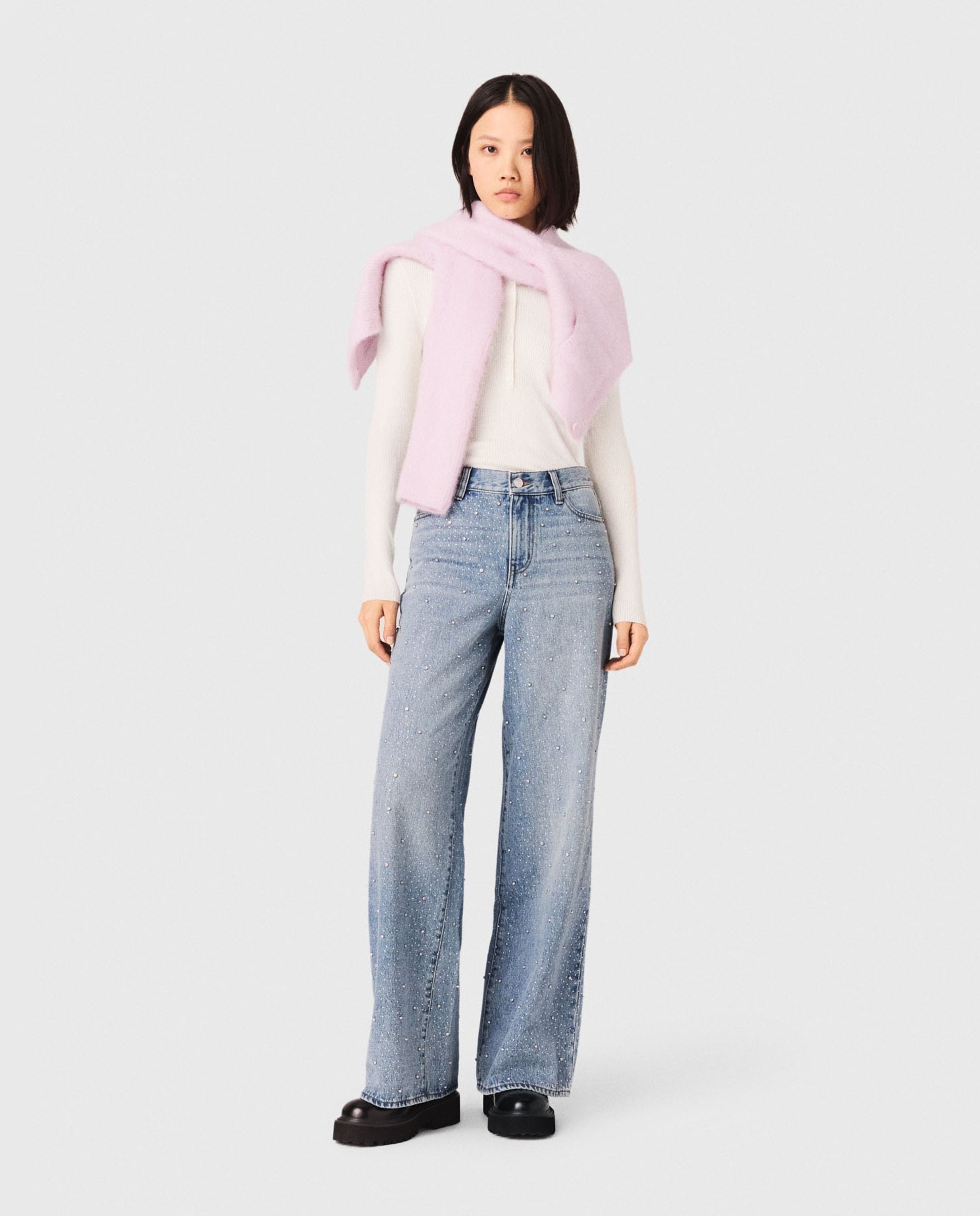 Maje - Vaquero de mujer ancho tiro alto 100% algodón con strass.