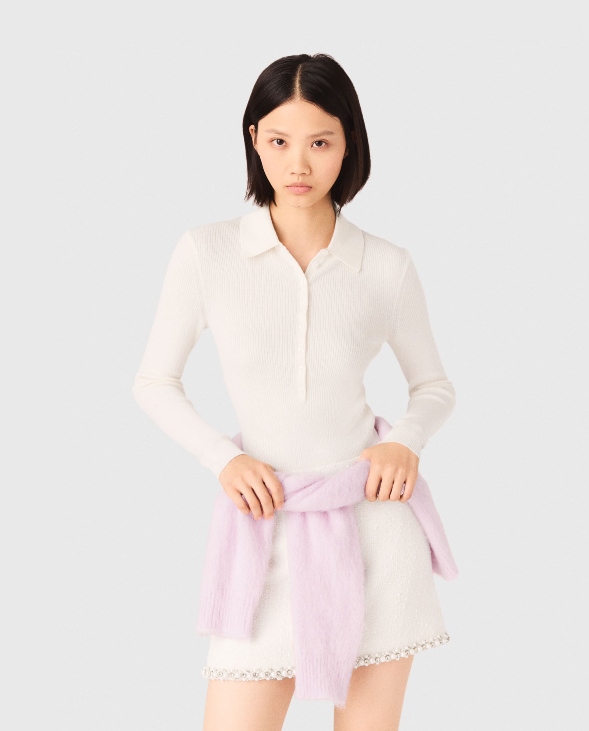 Maje - Jersey de mujer de lana y seda acanalado con cuello polo.