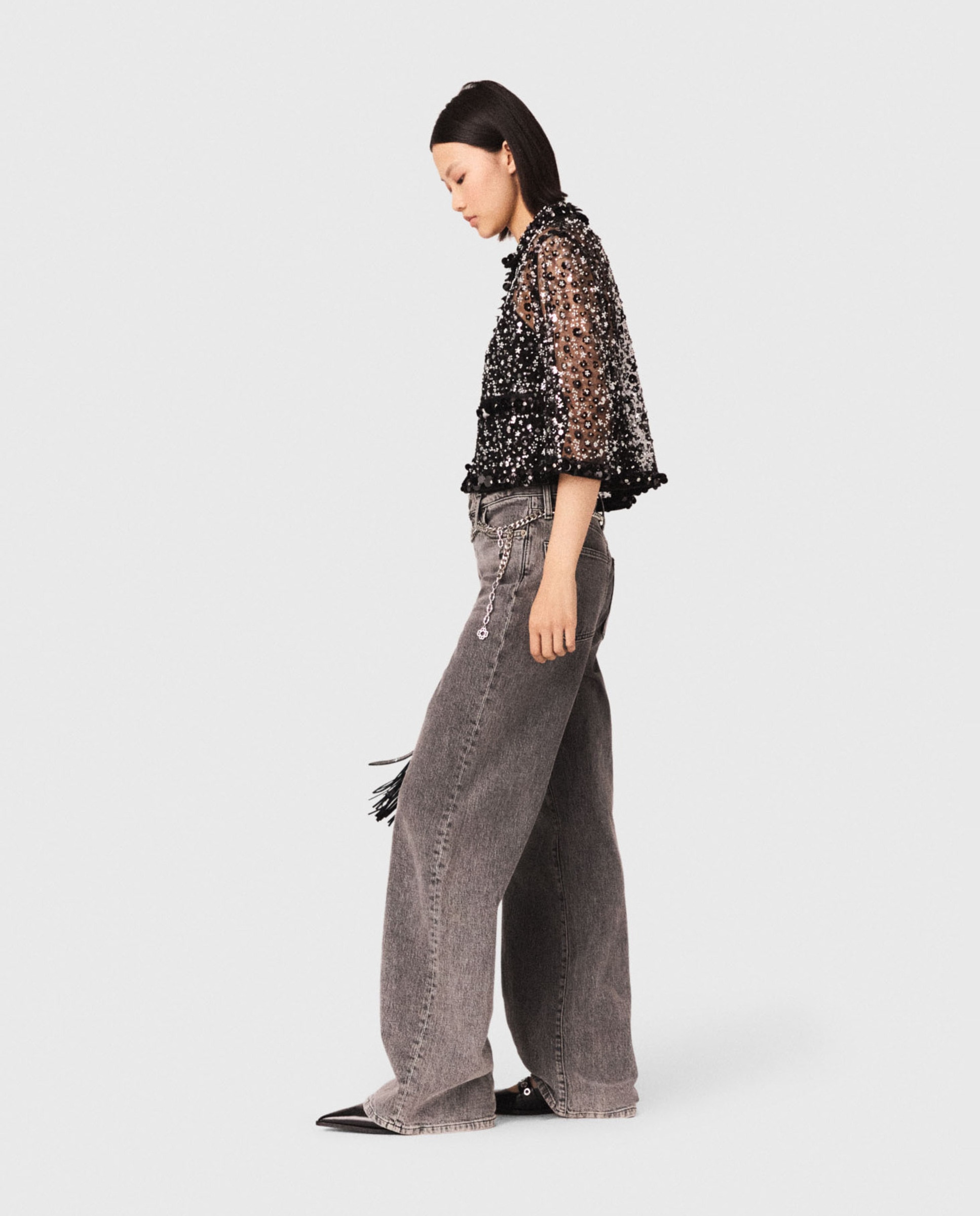 Camisa de mujer de tul bordado con lentejuelas - Maje - Negro Negro-3