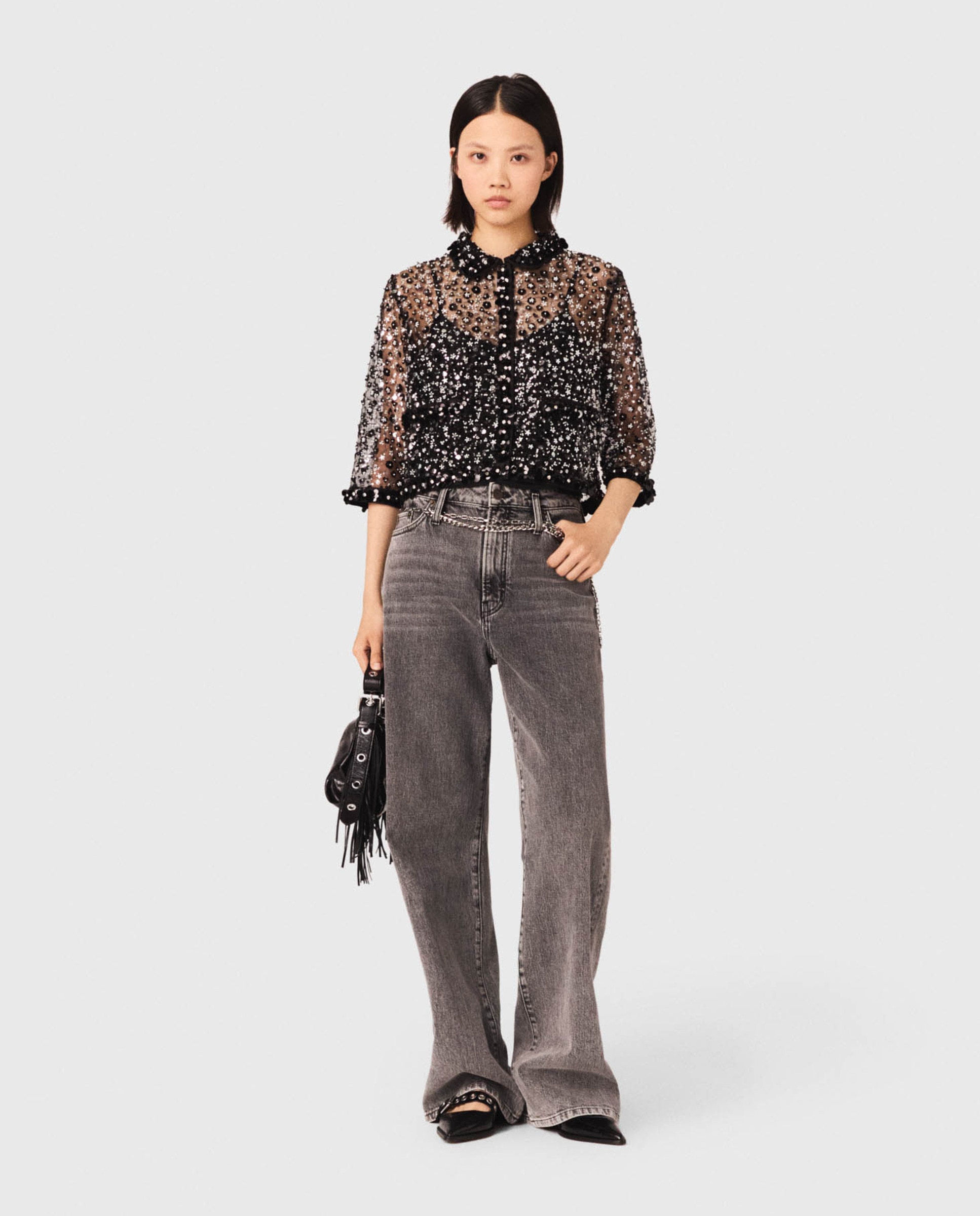 Camisa de mujer de tul bordado con lentejuelas - Maje - Negro Negro-4