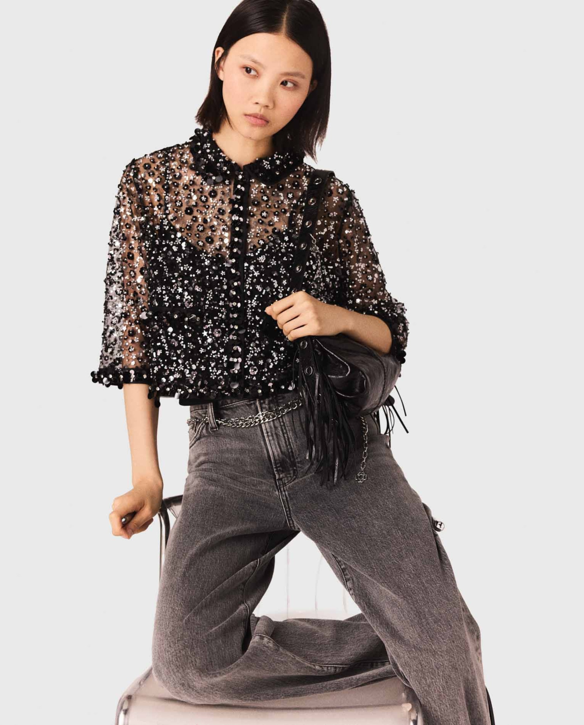Camisa de mujer de tul bordado con lentejuelas - Maje - Negro Negro-5