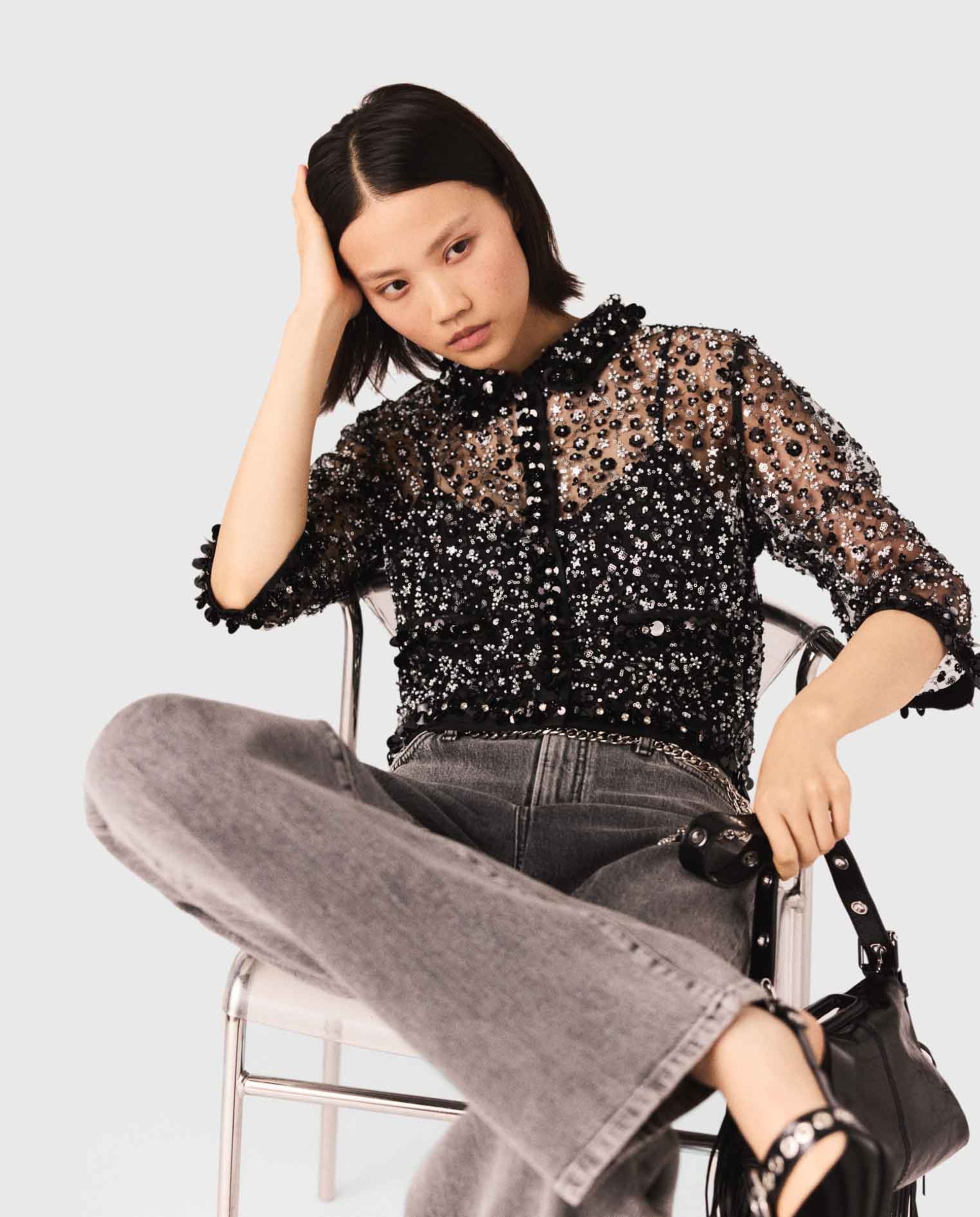 Camisa de mujer de tul bordado con lentejuelas - Maje - Negro Negro-6