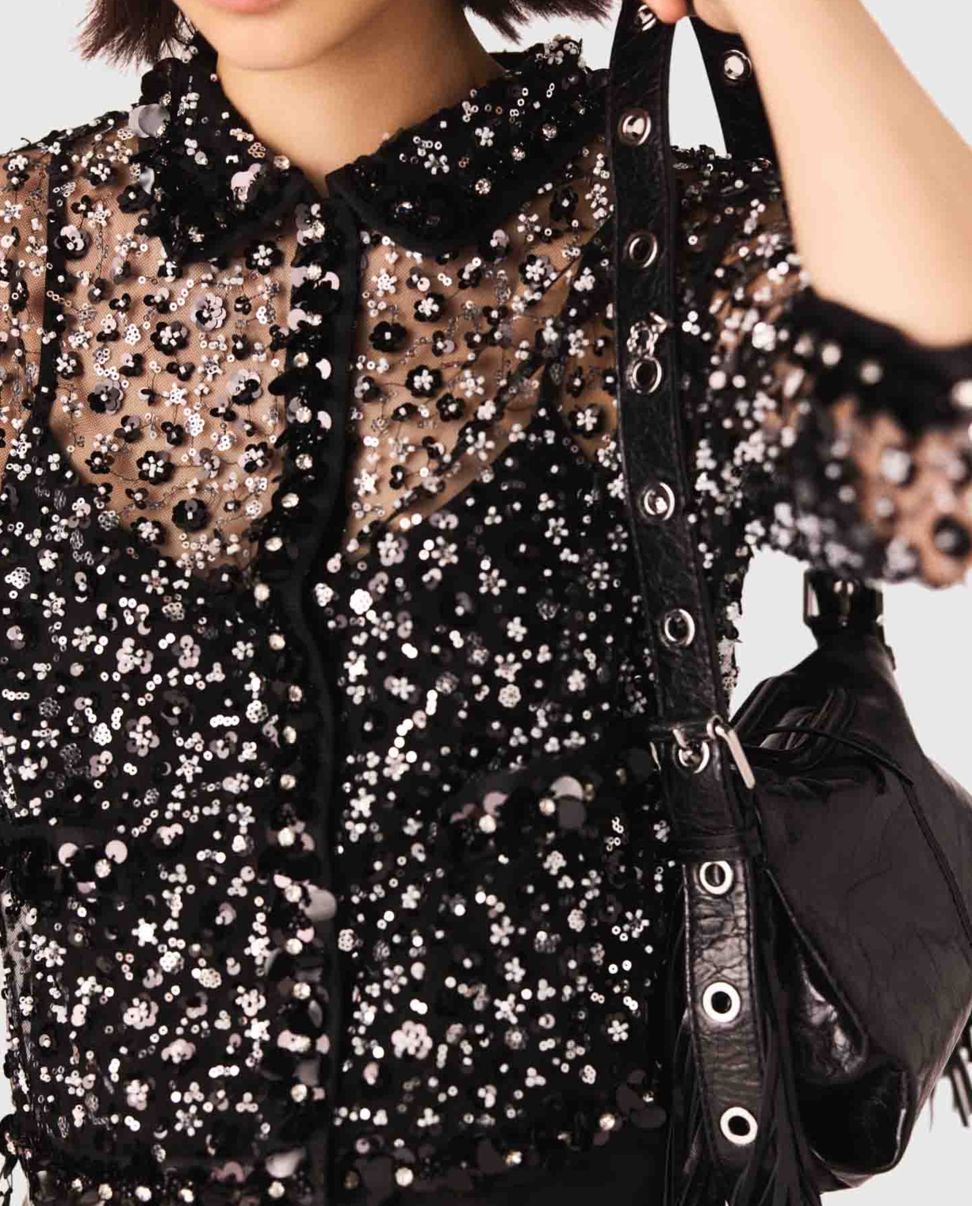 Camisa de mujer de tul bordado con lentejuelas - Maje - Negro Negro-7