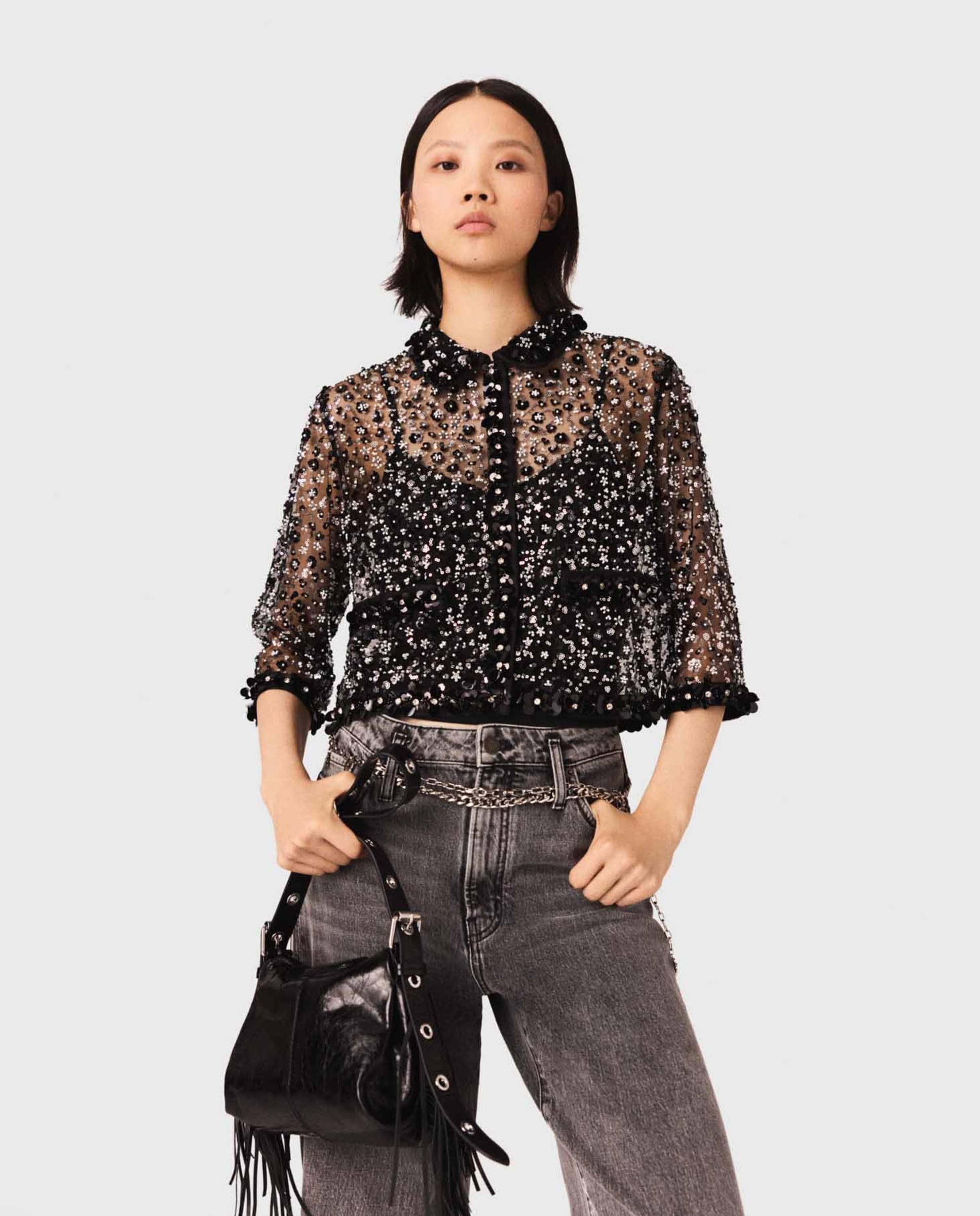 Maje - Camisa de mujer de tul bordado con lentejuelas.