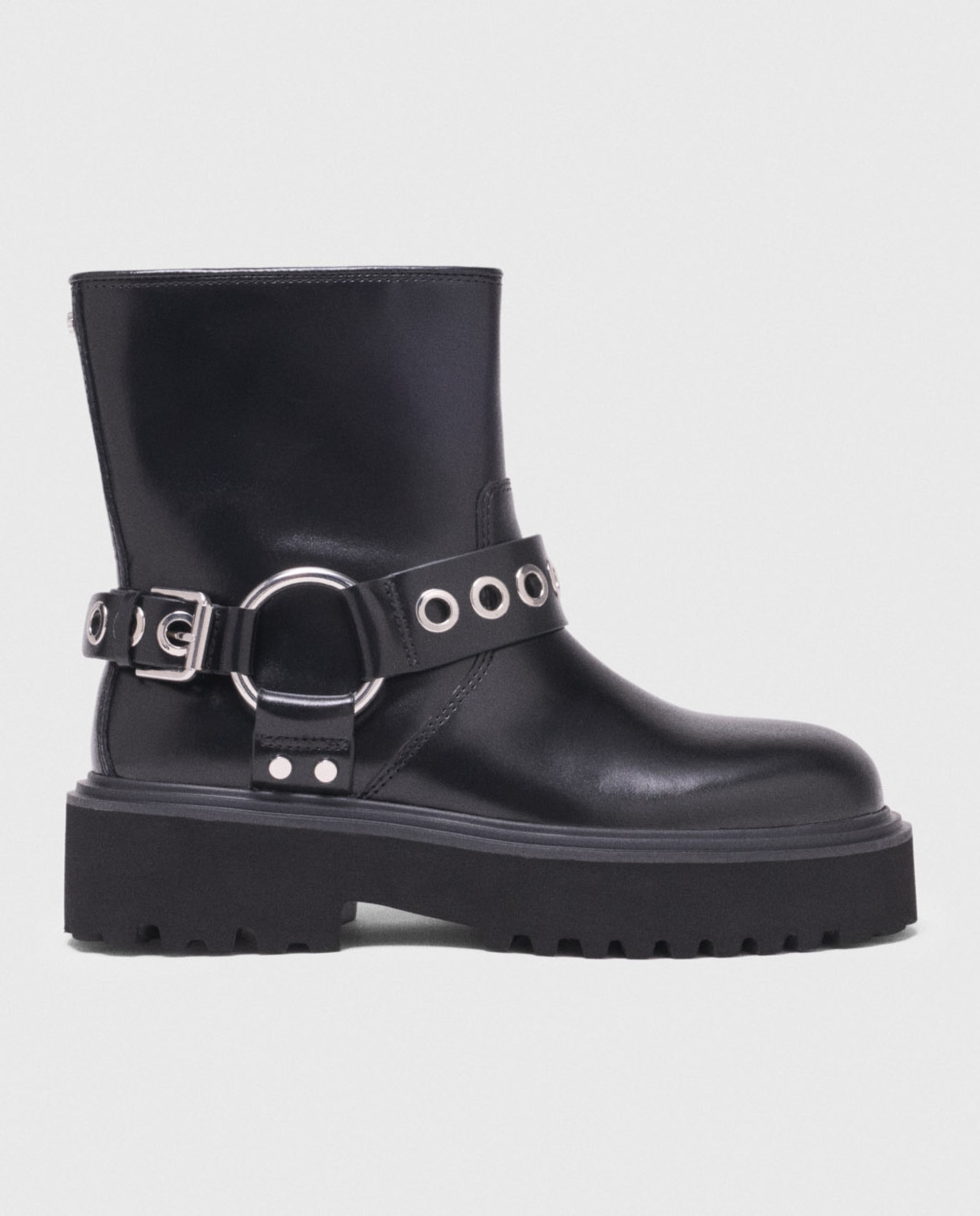 Botín biker de mujer con arnés de cuero bajo - Maje - Negro Negro-1
