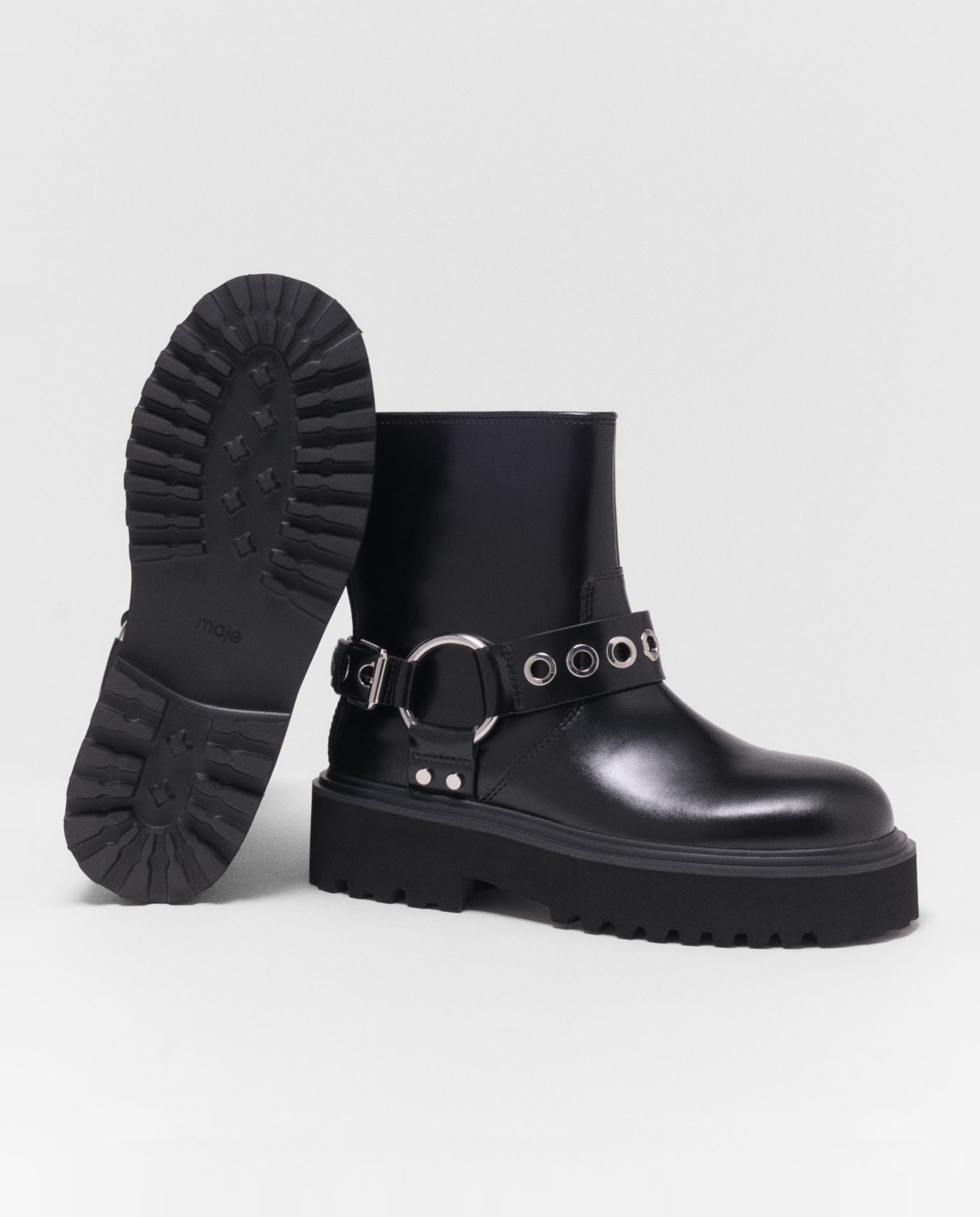 Botín biker de mujer con arnés de cuero bajo - Maje - Negro Negro-7