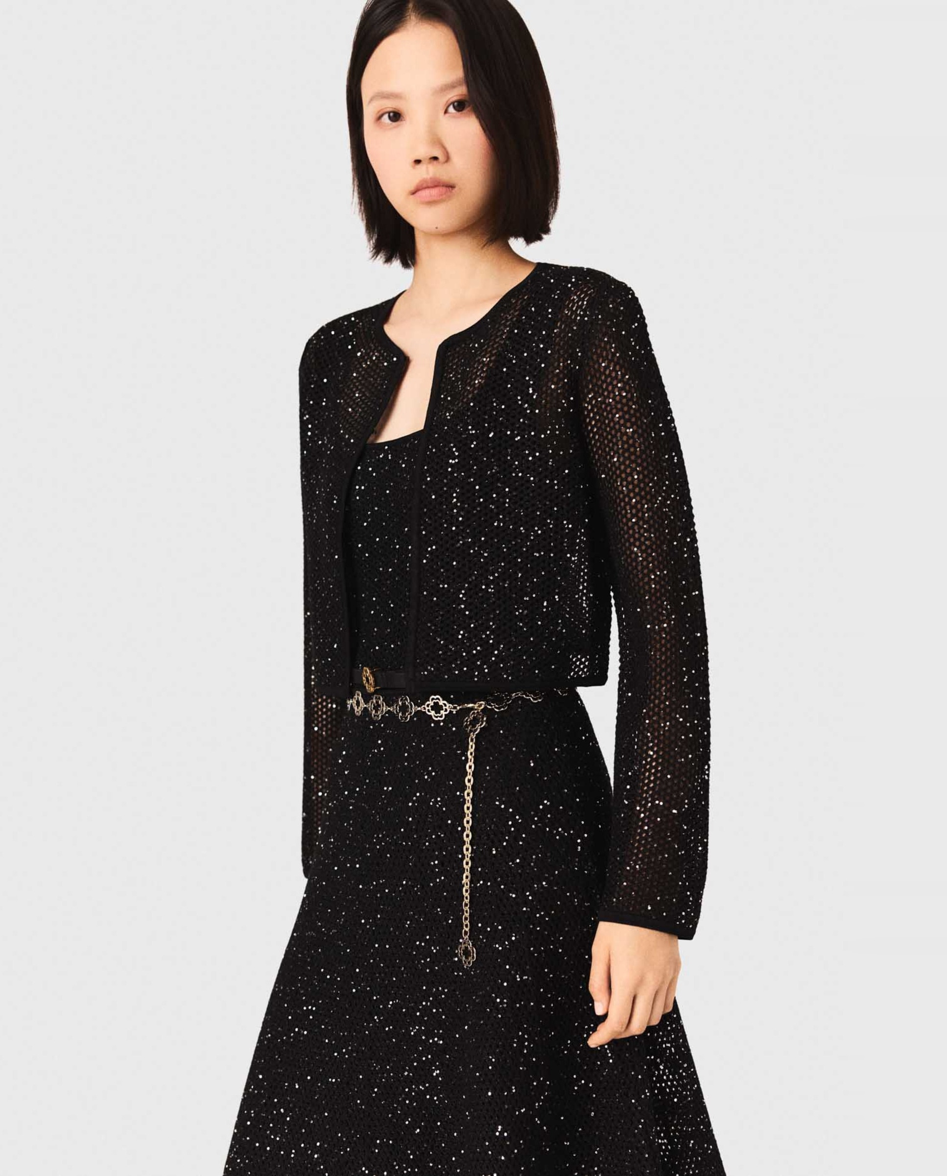 Cárdigan de punto de mujer con strass y lentejuelas - Maje - Negro Negro-1