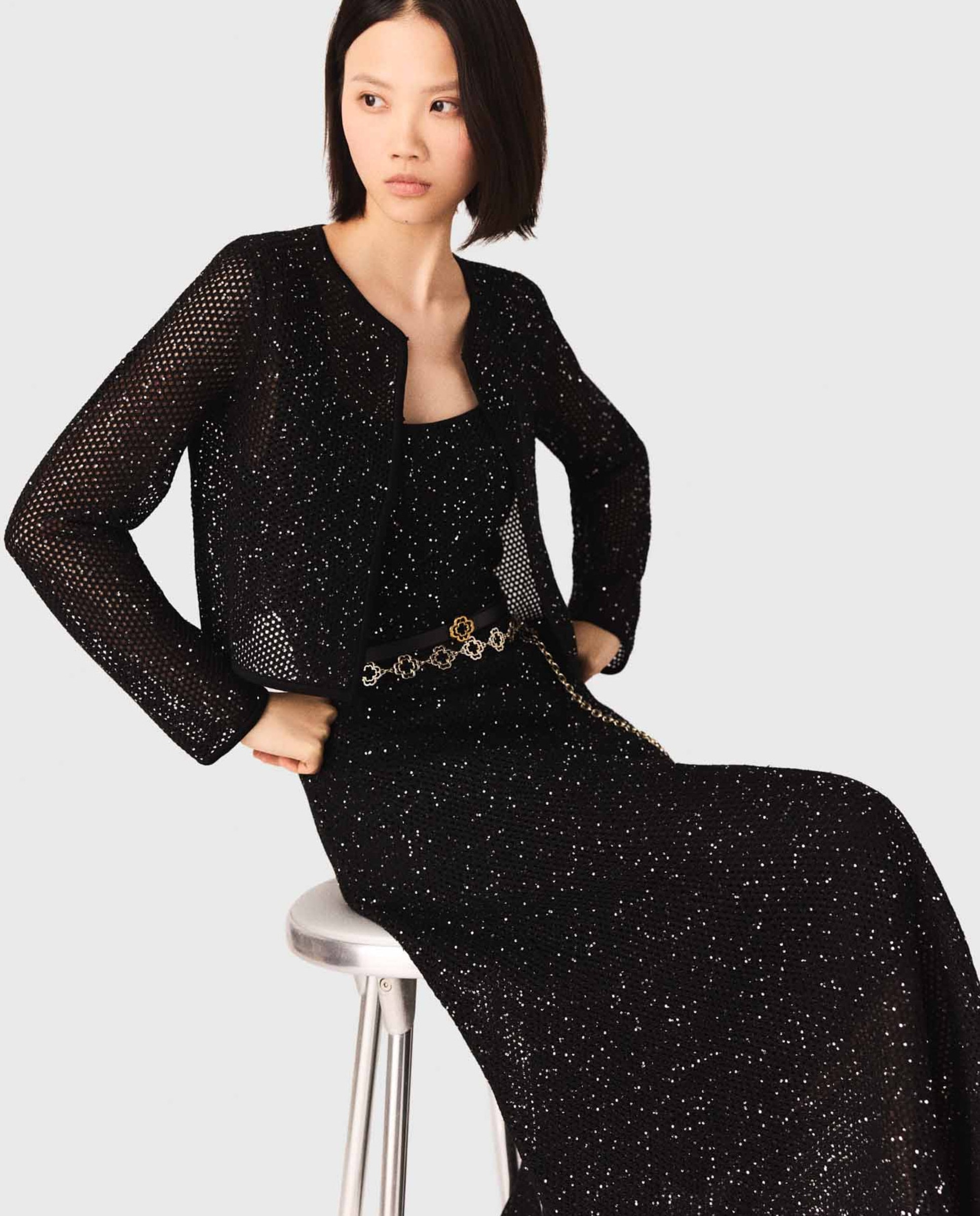 Cárdigan de punto de mujer con strass y lentejuelas - Maje - Negro Negro-5