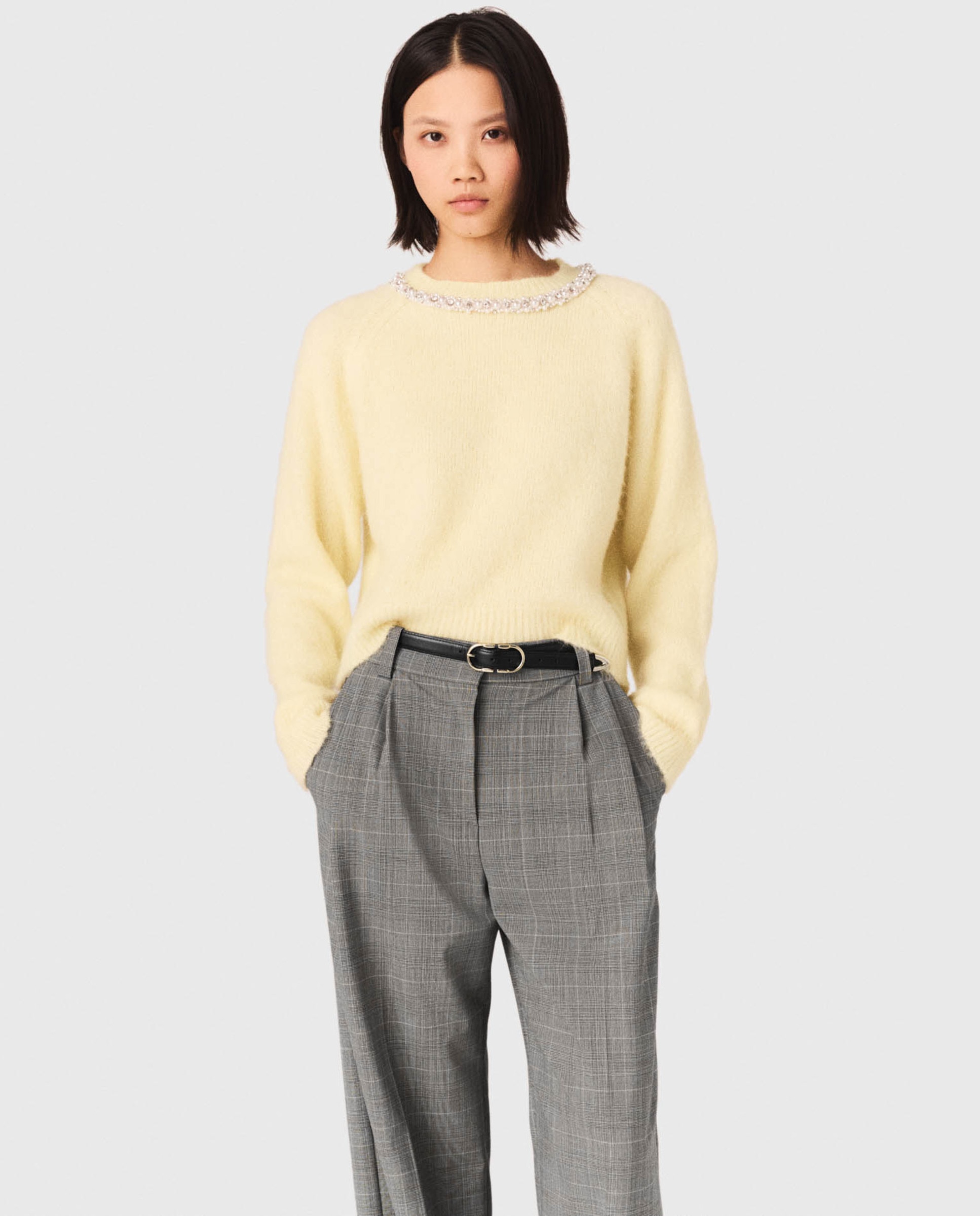 Jersey de mujer desmontable con perlas, pedrería y alpaca - Maje - Amarillo Amarillo-1