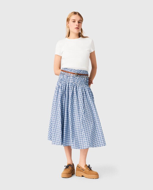 Imagen 0 de Falda larga acampanada de algodón con strass y cuadros