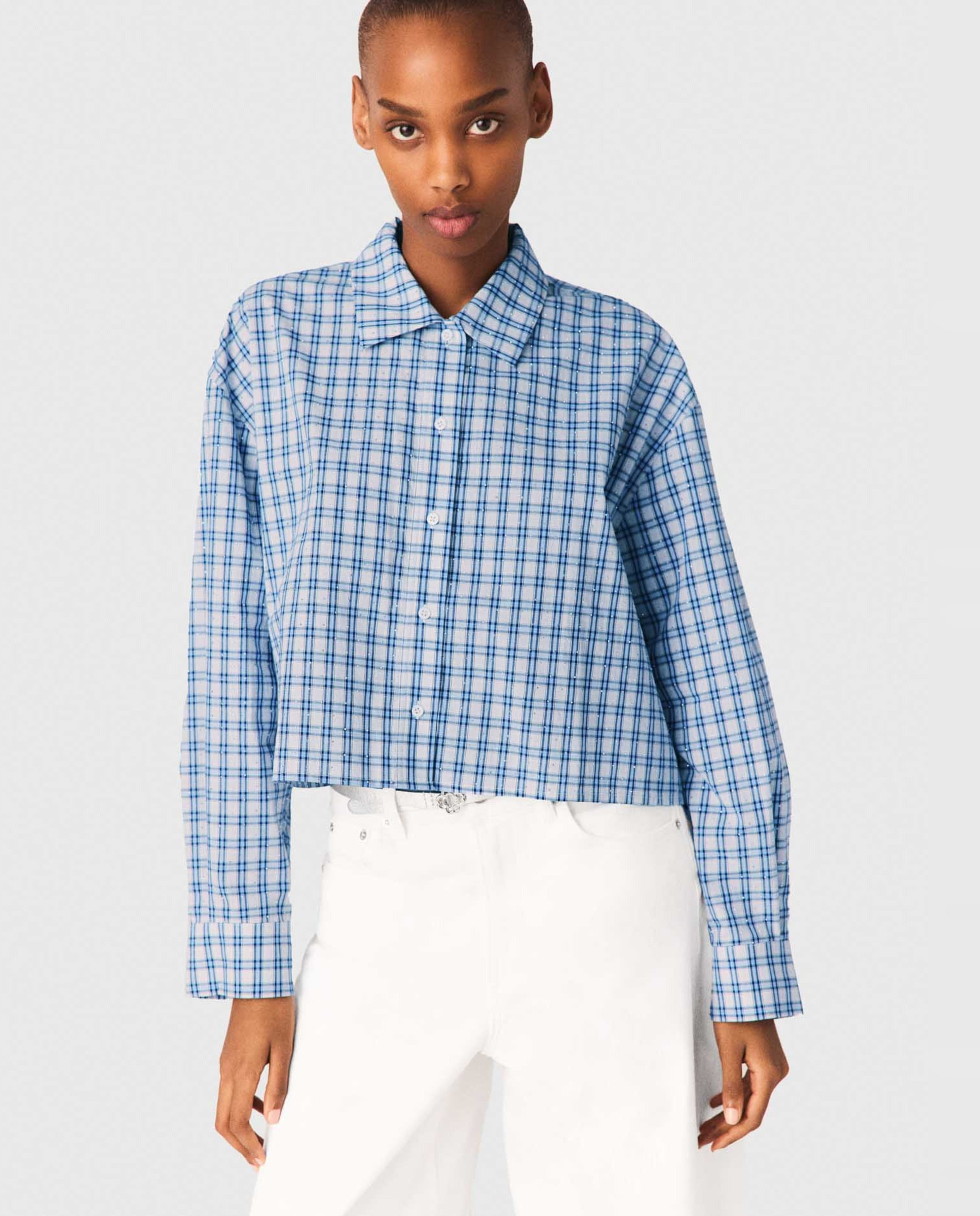 Maje - Camisa de mujer de cuadros con strass y corbata desmontable.