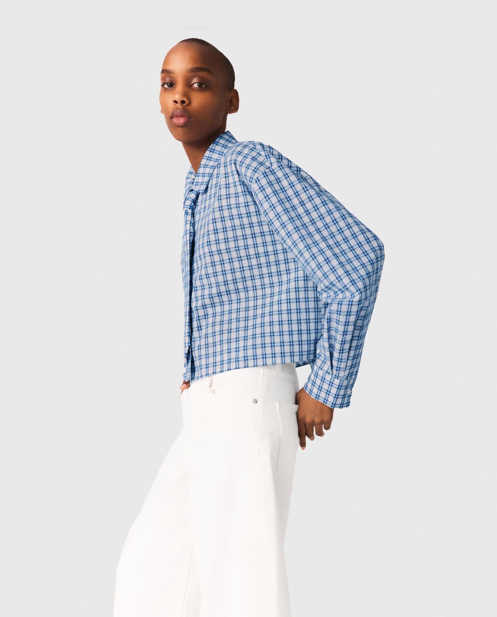 Camisa de mujer de cuadros con strass y corbata desmontable - Maje - Azul Azul-3