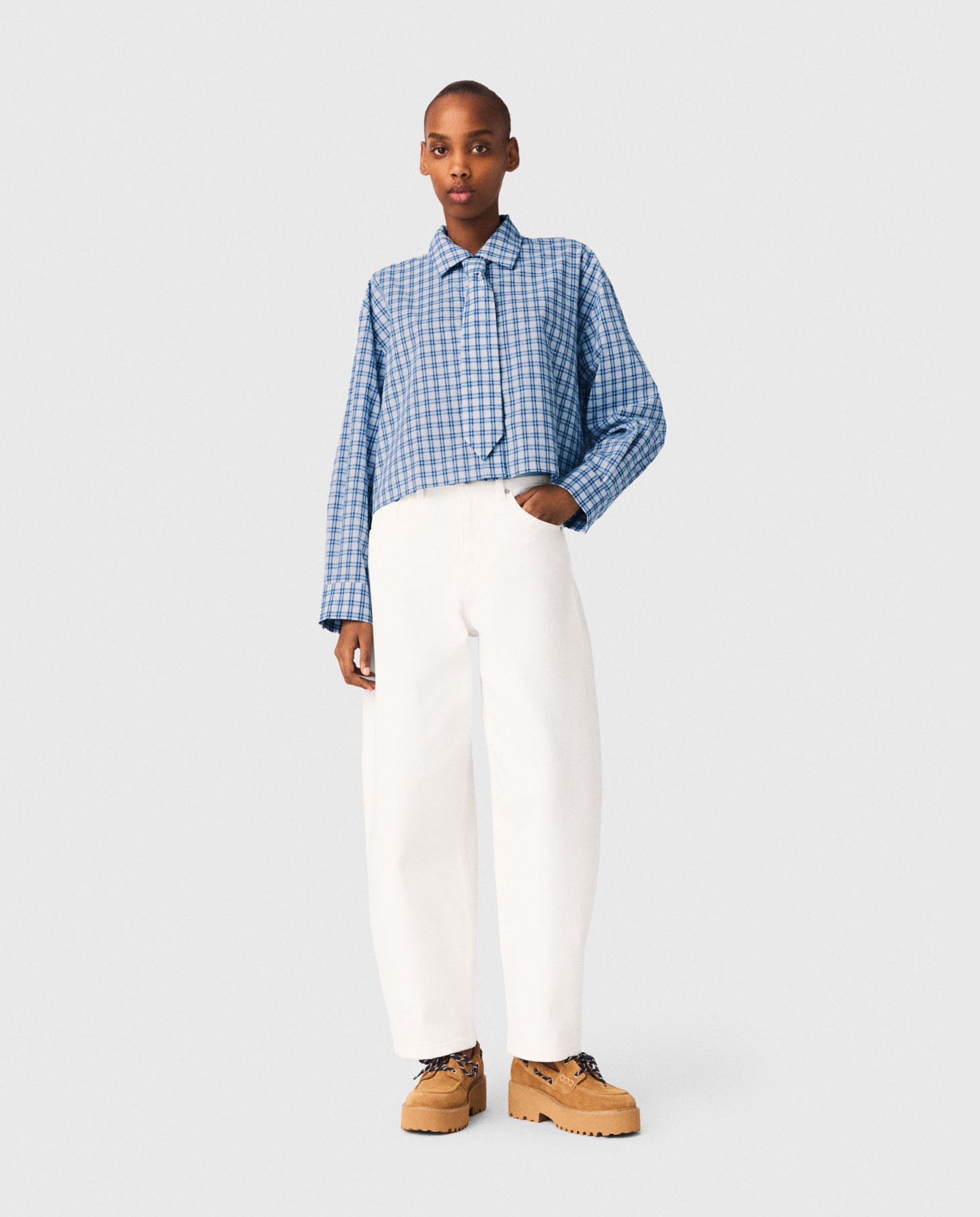 Camisa de mujer de cuadros con strass y corbata desmontable - Maje - Azul Azul-4
