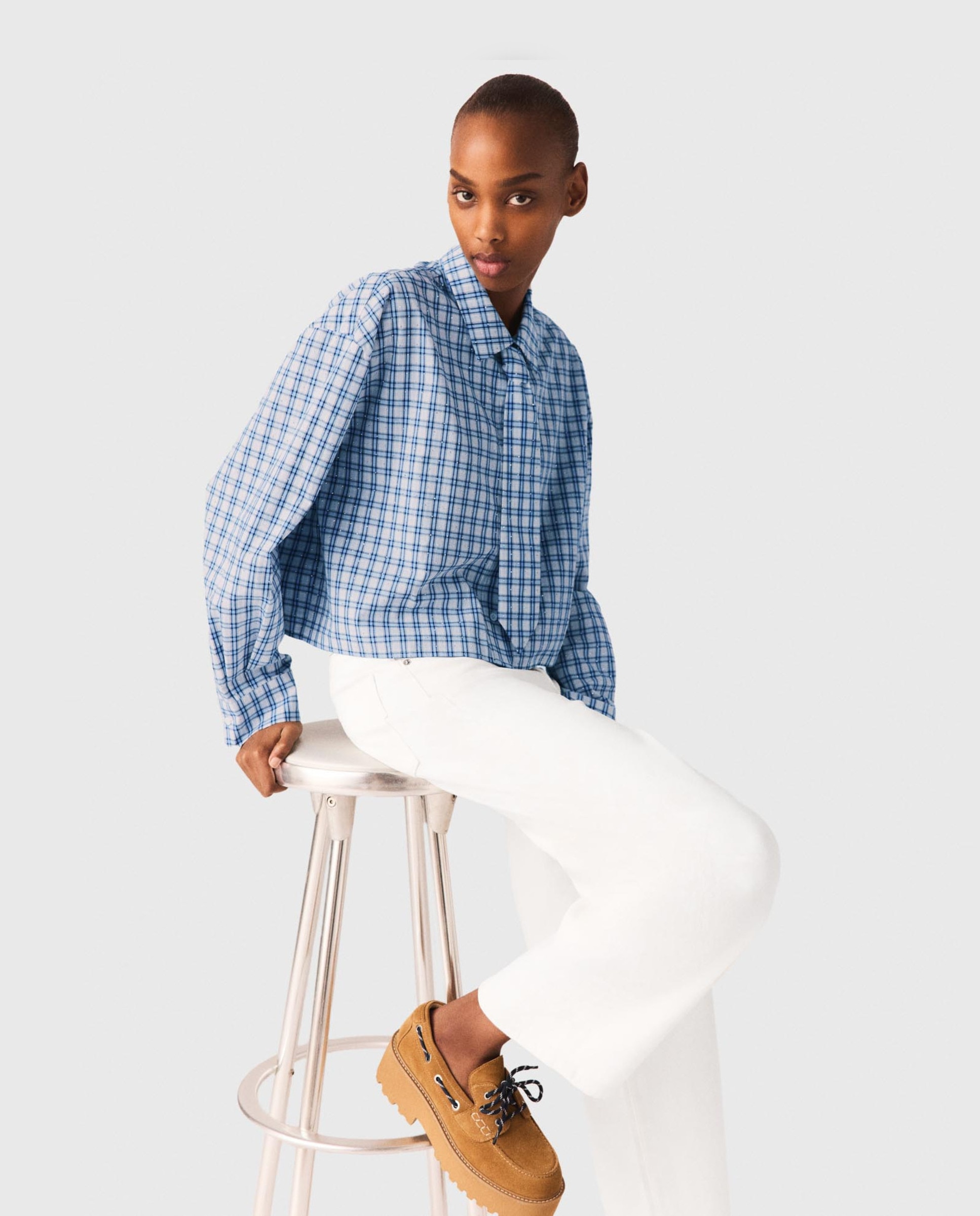 Camisa de mujer de cuadros con strass y corbata desmontable - Maje - Azul Azul-5