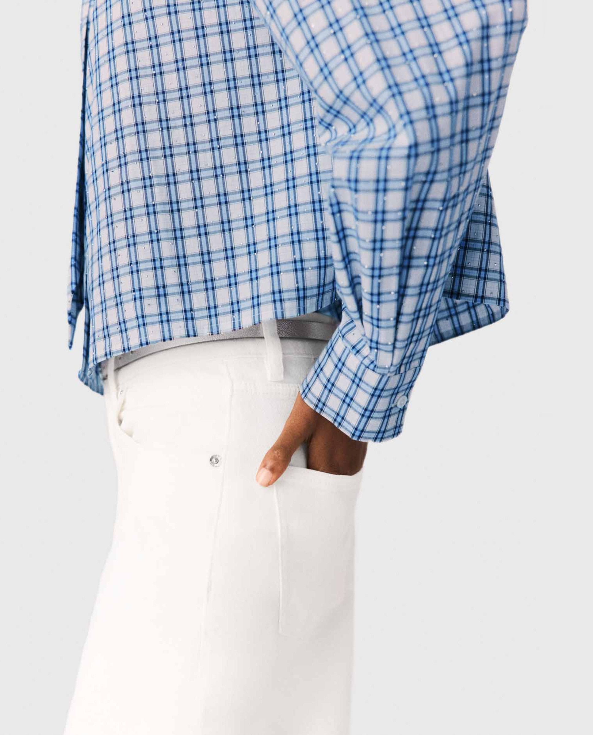 Camisa de mujer de cuadros con strass y corbata desmontable - Maje - Azul Azul-6