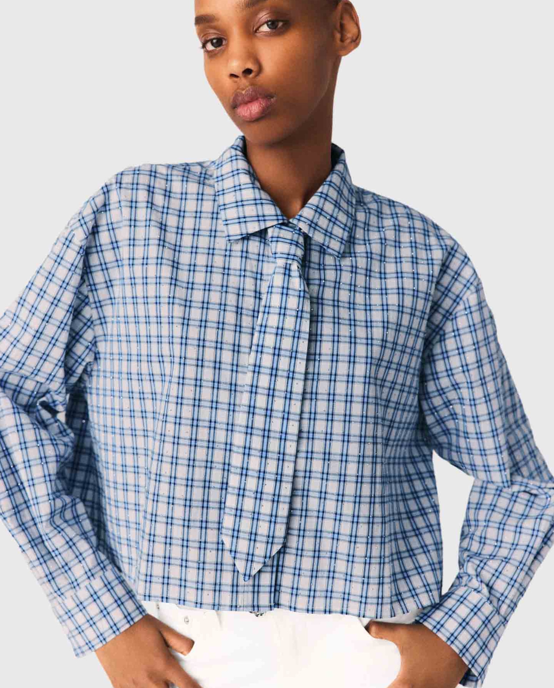 Camisa de mujer de cuadros con strass y corbata desmontable - Maje - Azul Azul-7