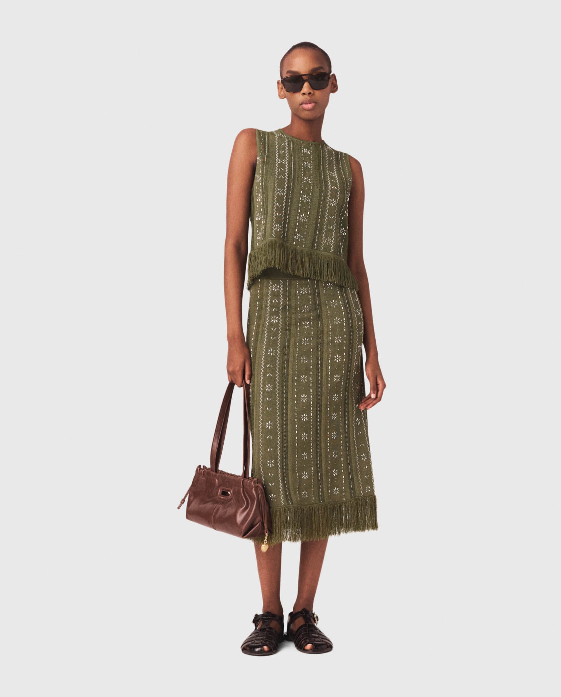 Falda de punto jacquard larga con flecos y flores de estrás - Maje - Kaki Kaki-1