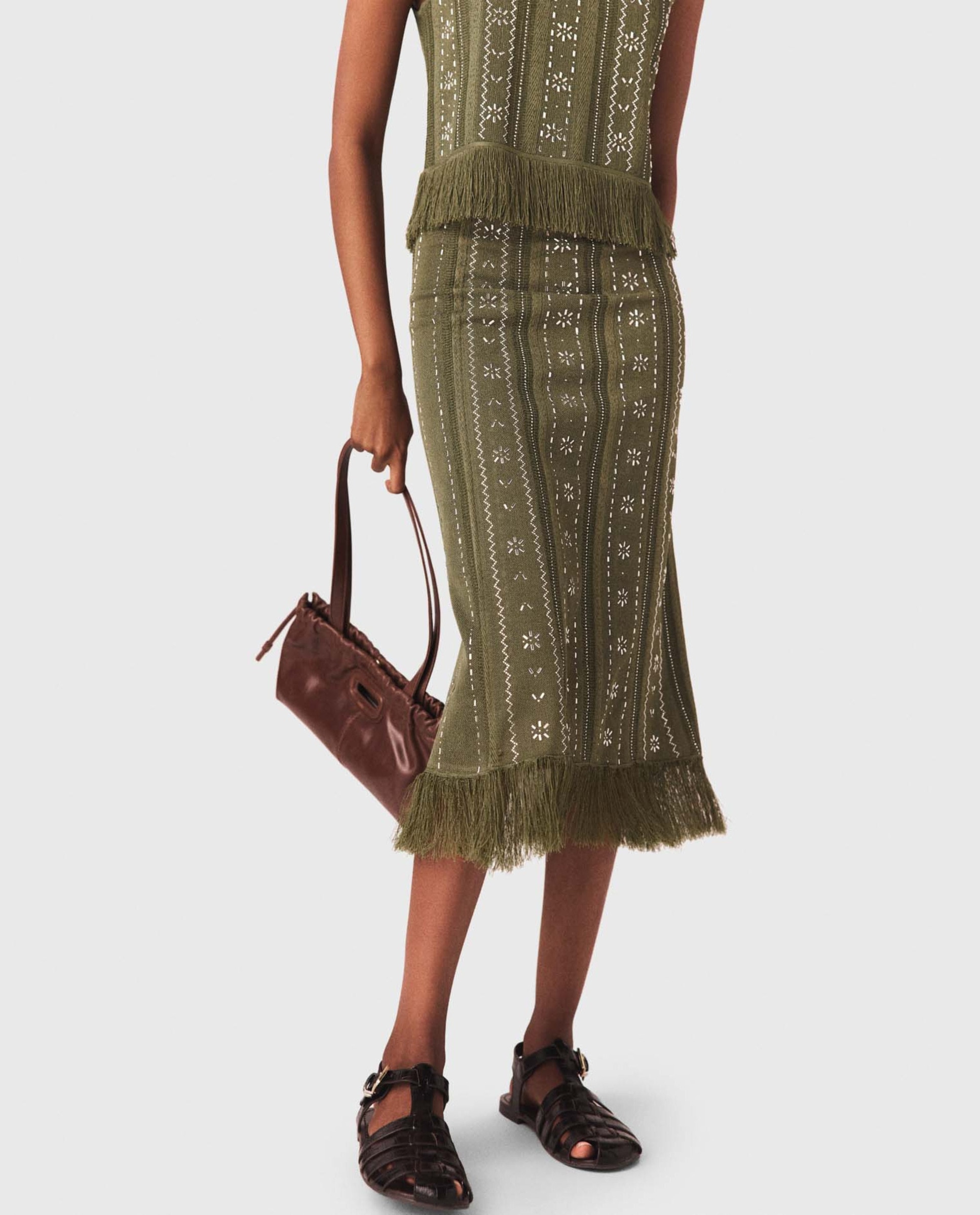 Falda de punto jacquard larga con flecos y flores de estrás - Maje - Kaki Kaki-2