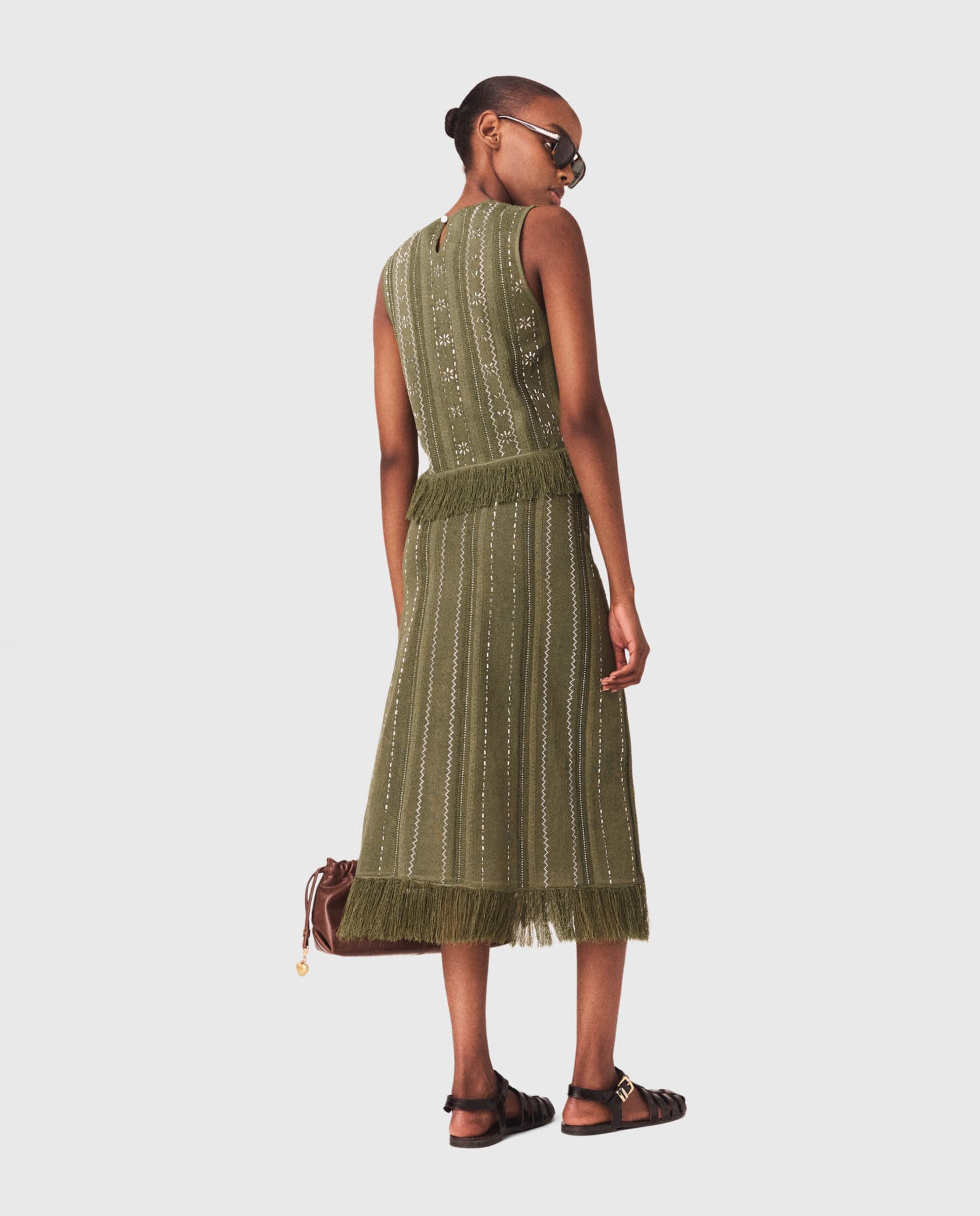 Falda de punto jacquard larga con flecos y flores de estrás - Maje - Kaki Kaki-3