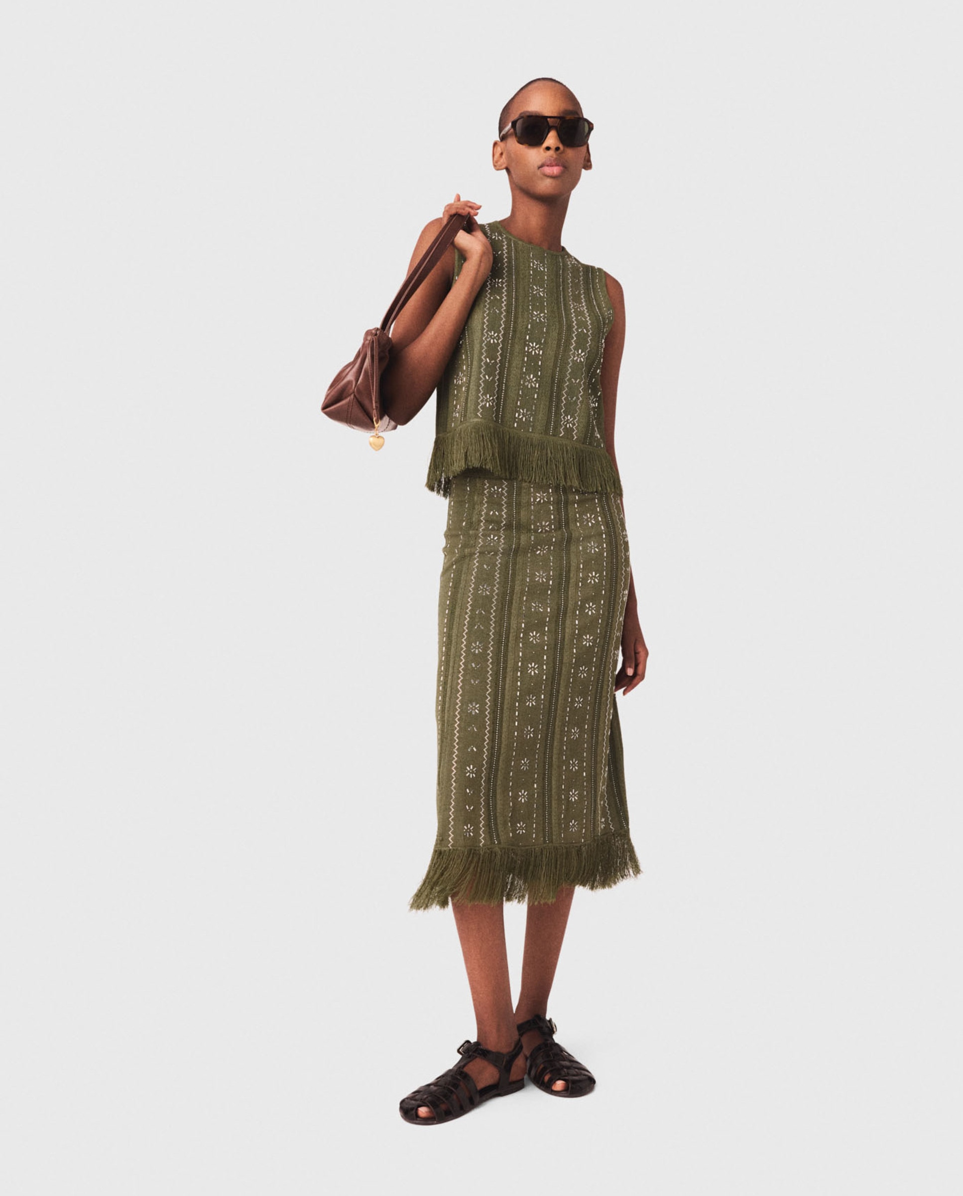Falda de punto jacquard larga con flecos y flores de estrás - Maje - Kaki Kaki-5