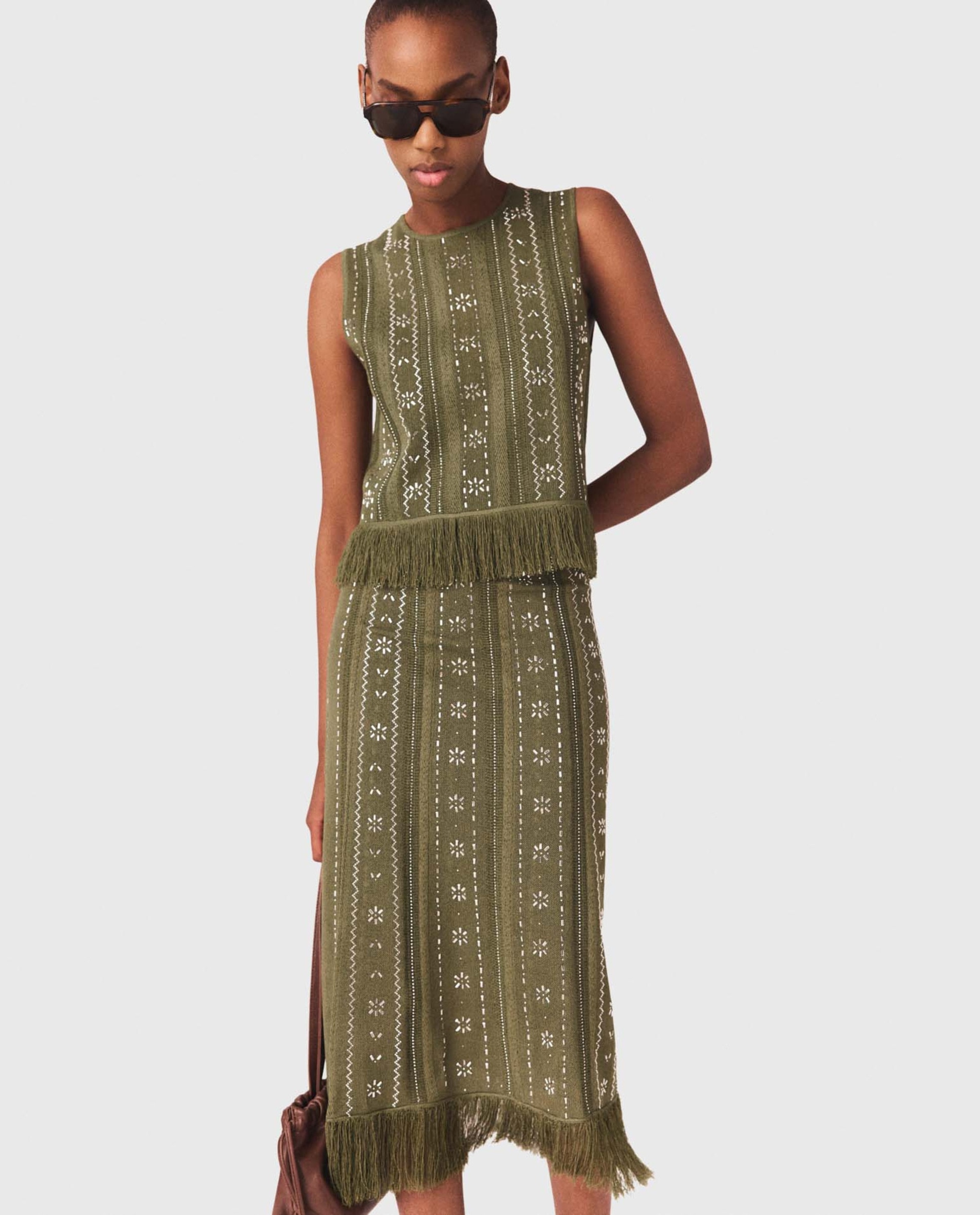 Falda de punto jacquard larga con flecos y flores de estrás - Maje - Kaki Kaki-6