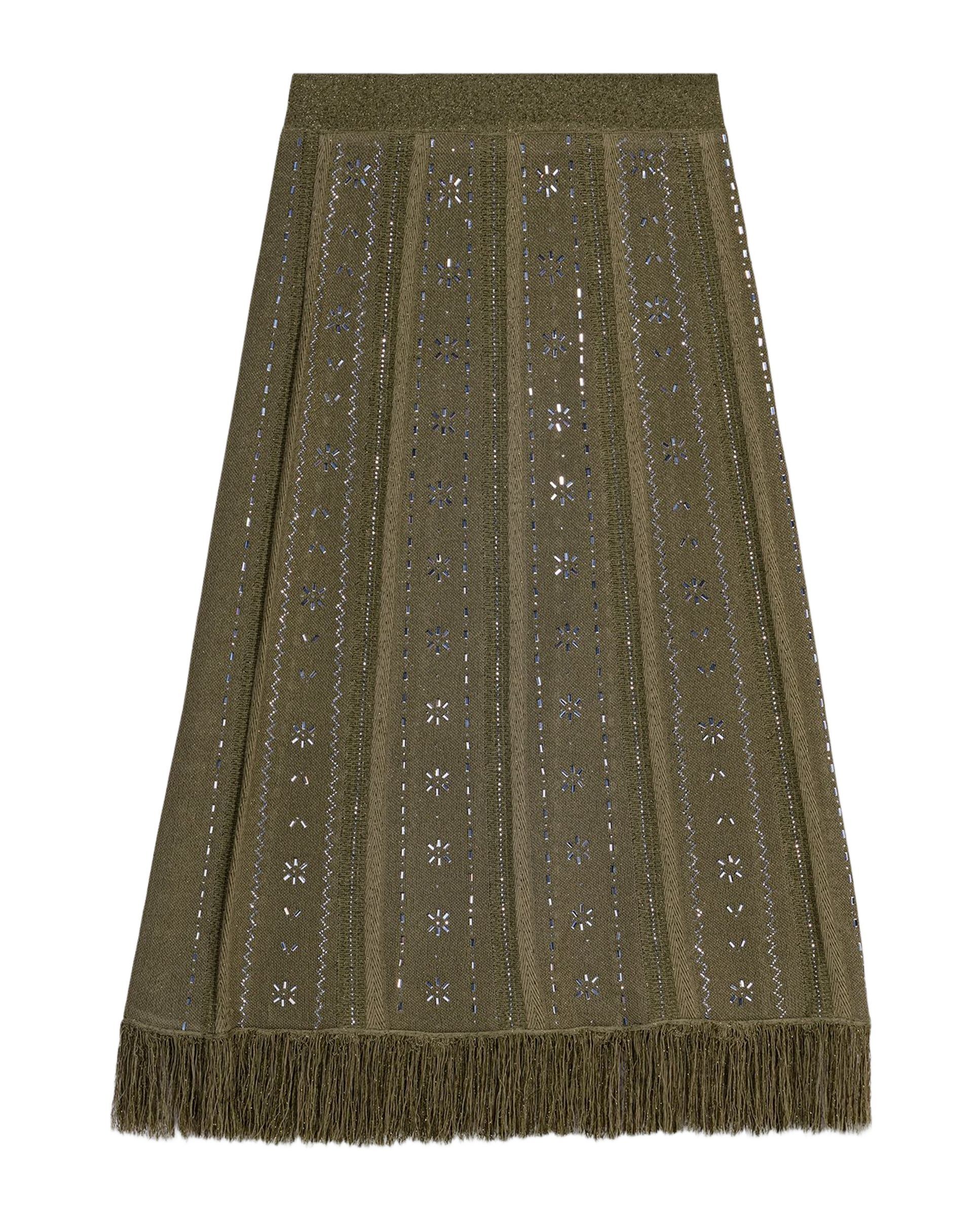 Falda de punto jacquard larga con flecos y flores de estrás - Maje - Kaki Kaki-8
