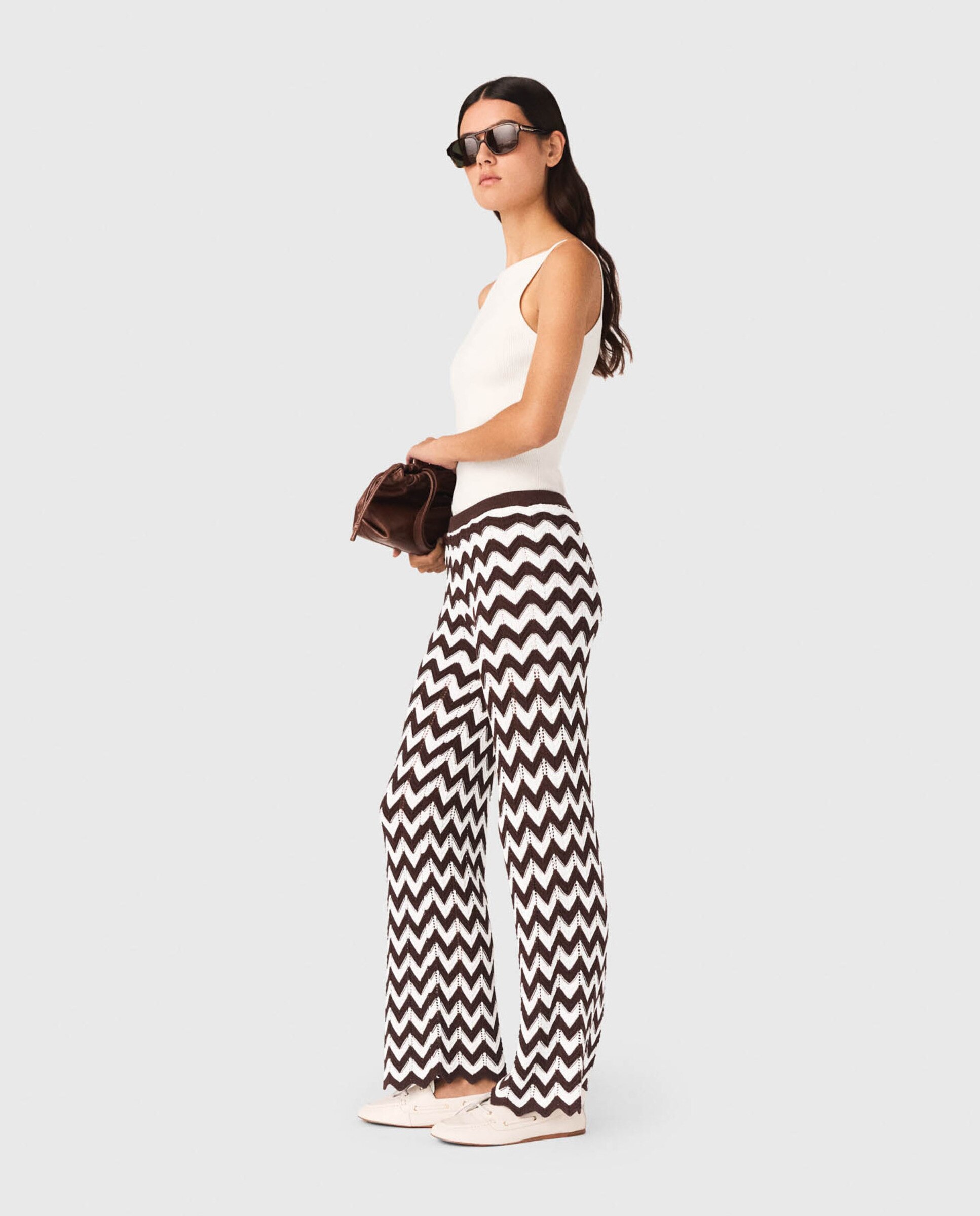 Pantalón de mujer con lino fluido y talle alto - Maje - Marrón Marrón-4