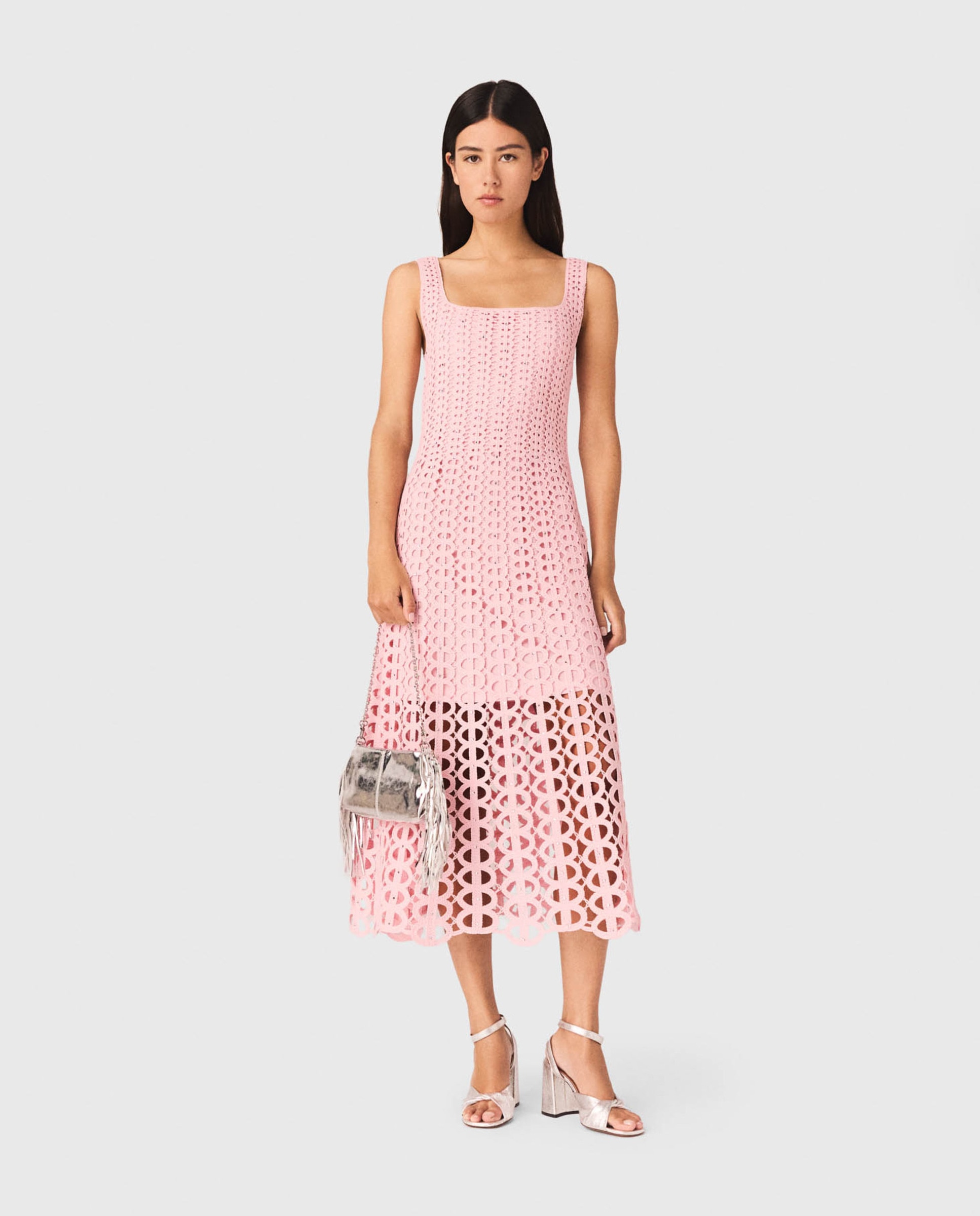 Vestido midi ganchillo con strass - Maje - Rosa claro Rosa claro-1