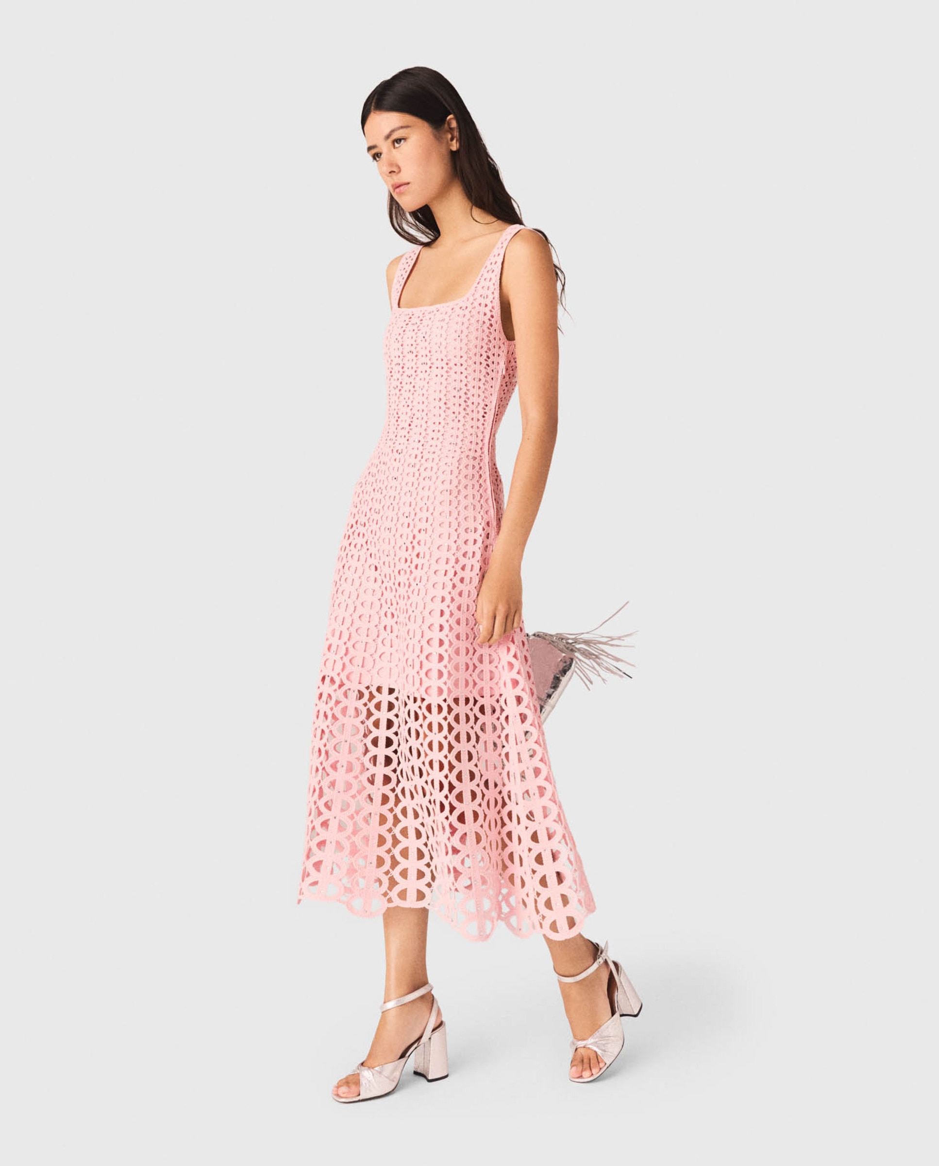 Vestido midi ganchillo con strass - Maje - Rosa claro Rosa claro-5