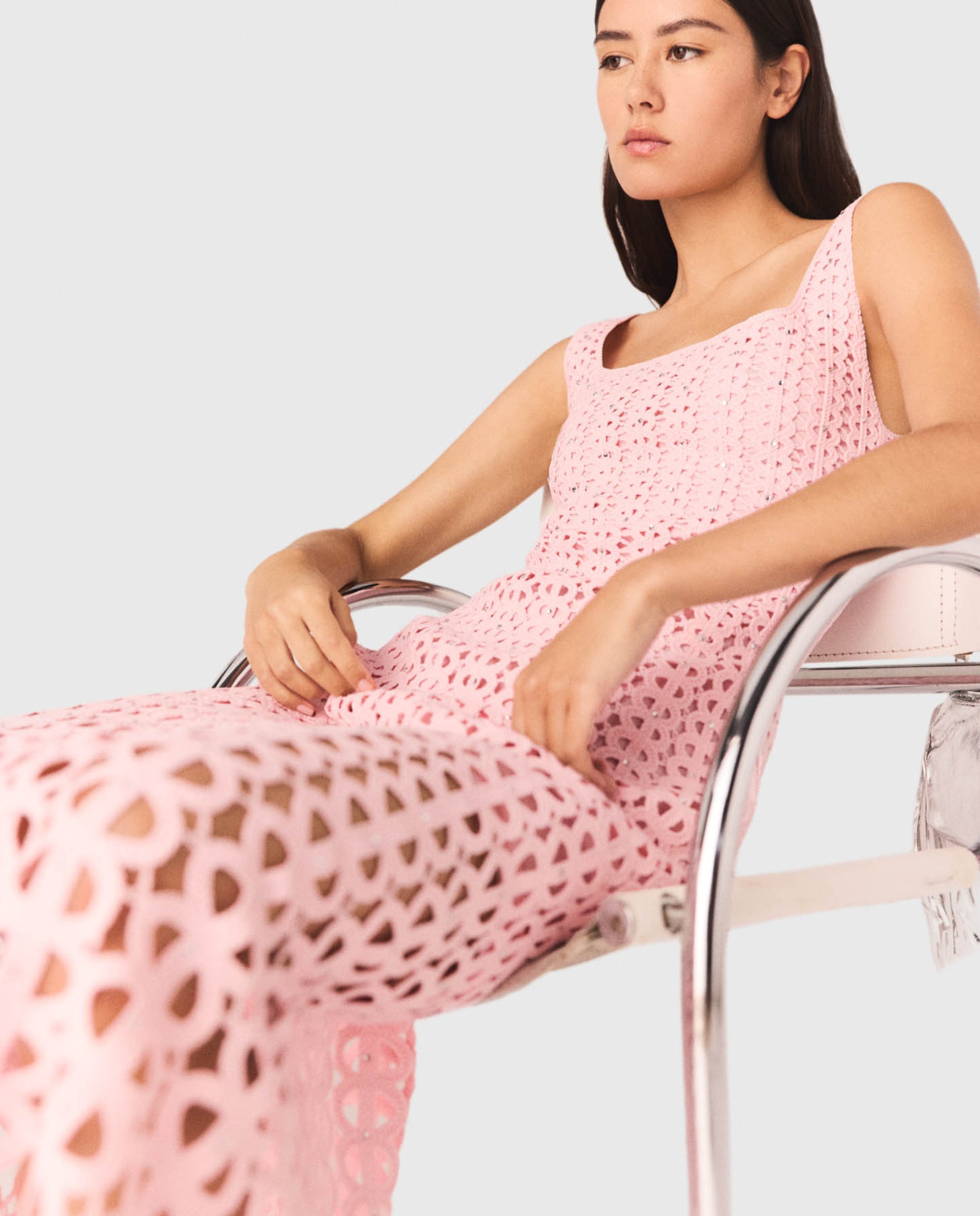 Vestido midi ganchillo con strass - Maje - Rosa claro Rosa claro-7